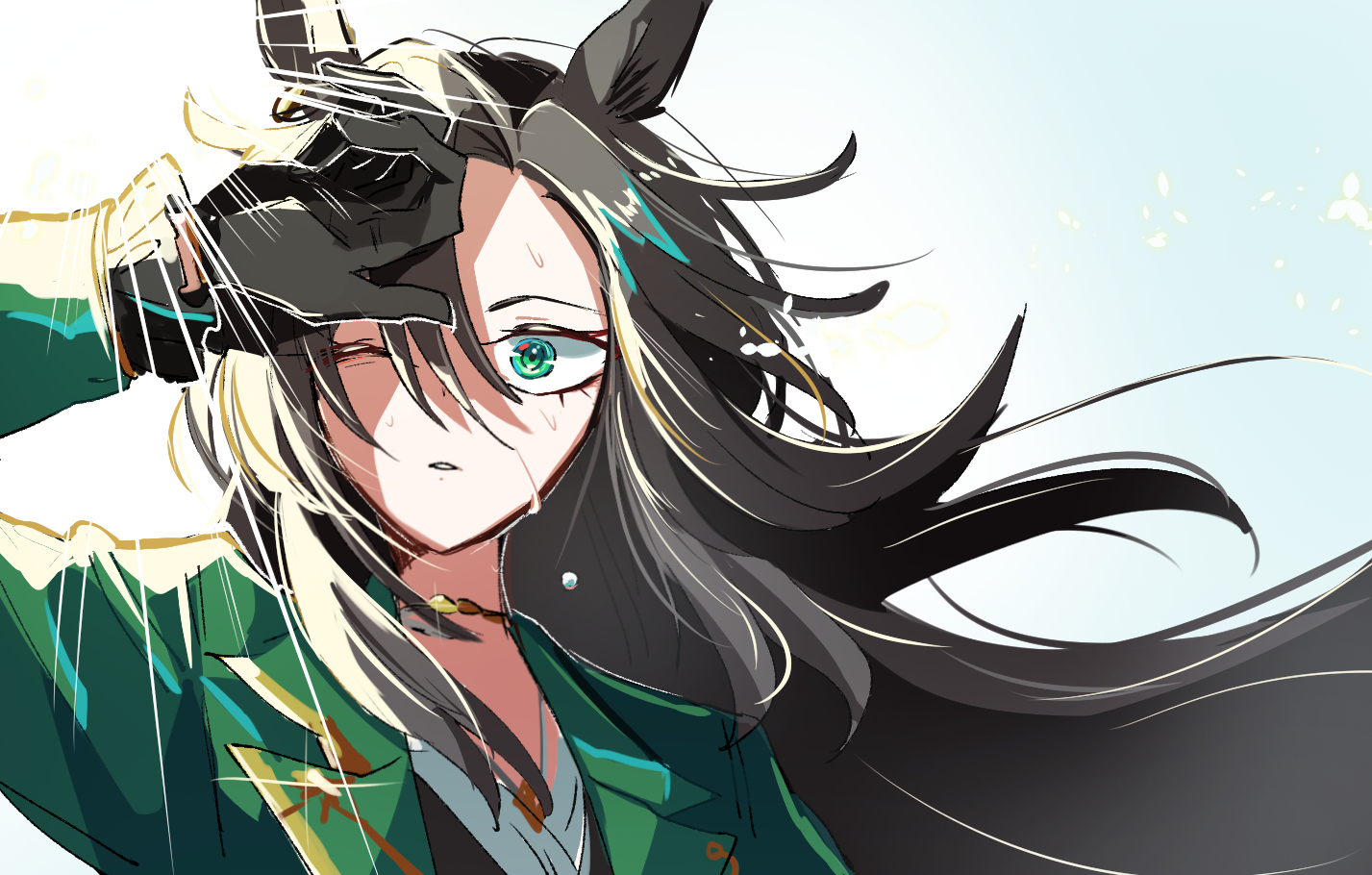 ahozur dayo, speed symboli (umamusume), umamusume, commentary request, 1girl, animal ears, black gloves, black hair, floating hair, gloves, green eyes, green jacket, hand up, horse ears, horse girl, jacket, long hair, long sleeves, looking at viewer, one eye closed, parted lips, simple background, sketch, solo, sweat, white background