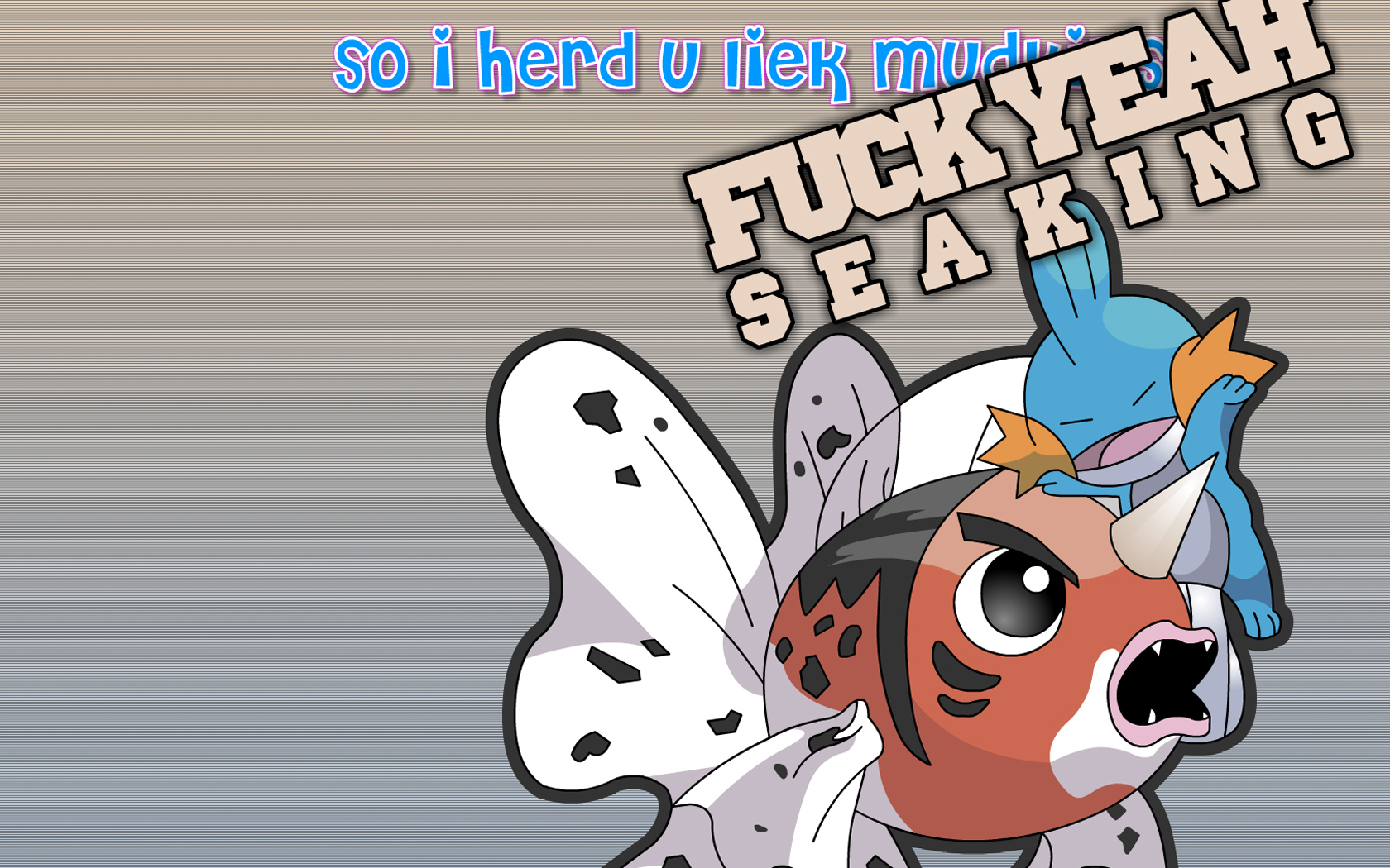 mudkip, seaking, 4chan, nintendo, pokemon, highres, >:o, :o, angry, battle, closed eyes, english text, fangs, fish, gen 1 pokemon, gen 3 pokemon, gradient background, grey background, horns, meme, no humans, open mouth, pokemon (creature), profanity, single horn, tackle, v-shaped eyebrows, wince