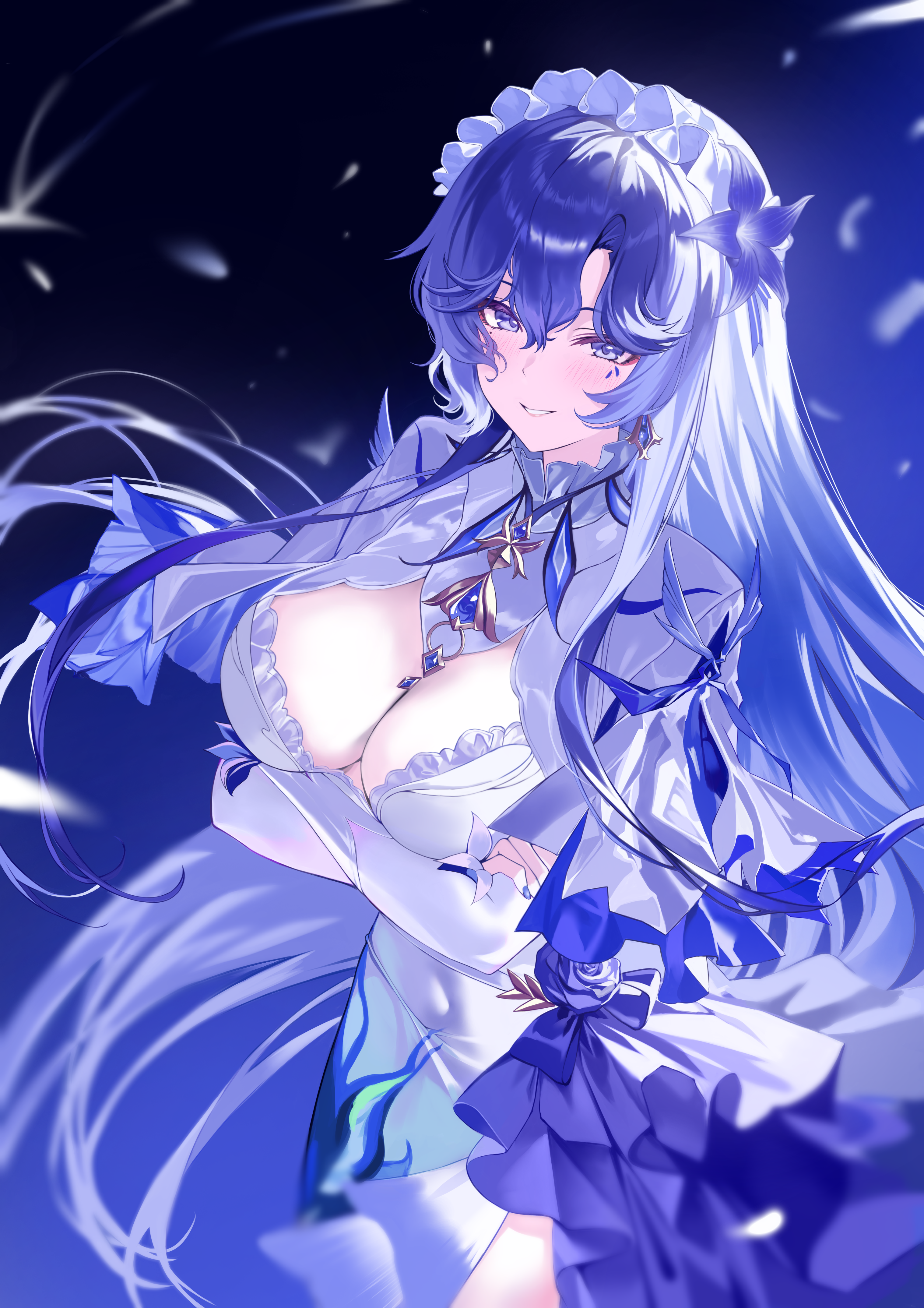 grape fruit (vyvr8457), cantarella (wuthering waves), wuthering waves, absurdres, commentary request, highres, partial commentary, revision, 1girl, blush, breasts, covered navel, cowboy shot, crossed arms, dress, earrings, facial mark, flower, gradient background, hair between eyes, hair flower, hair ornament, headdress, jewelry, large breasts, long hair, looking at viewer, mark under eye, nail polish, parted lips, purple background, purple eyes, purple flower, purple hair, purple nails, shrug (clothing), smile, solo, very long hair, white dress, white shrug