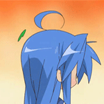 izumi konata, lucky star, animated, animated gif, lowres, 00s, 1girl, ?, ahoge, back, blue hair, female focus, solo