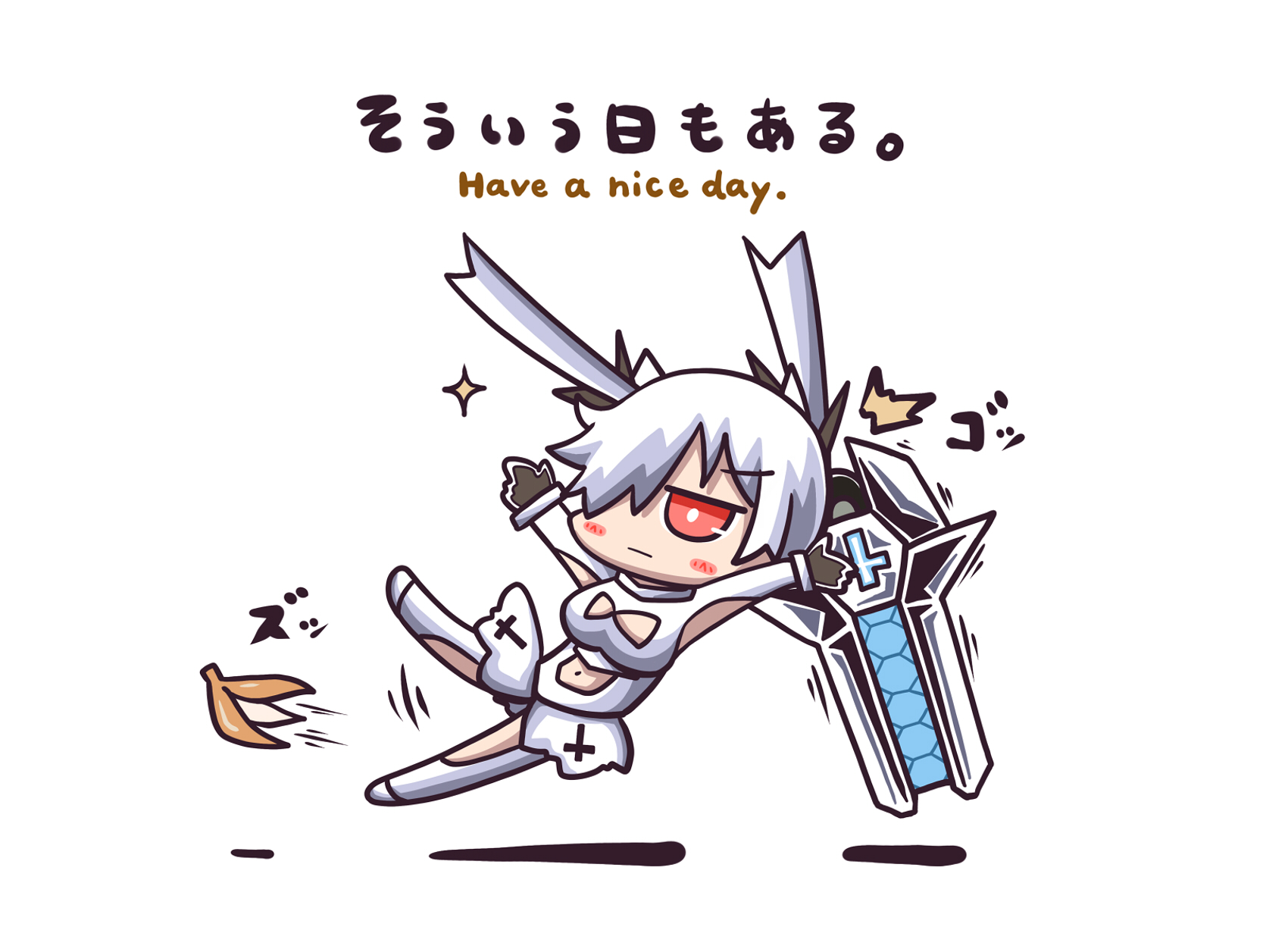 aoblue, cinderella (nikke), goddess of victory: nikke, highres, 1girl, armpit cutout, banana, banana peel, bird, bodysuit, breasts, cleavage, clothing cutout, fallen down, food, fruit, glass slipper, gloves, hair over one eye, large breasts, leg cutout, long hair, navel, navel cutout, one eye covered, red eyes, see-through clothes, simple background, slipping, slipping on banana peel, solo, stomach cutout, surprised, twintails, very long hair, white background, white bodysuit, white hair