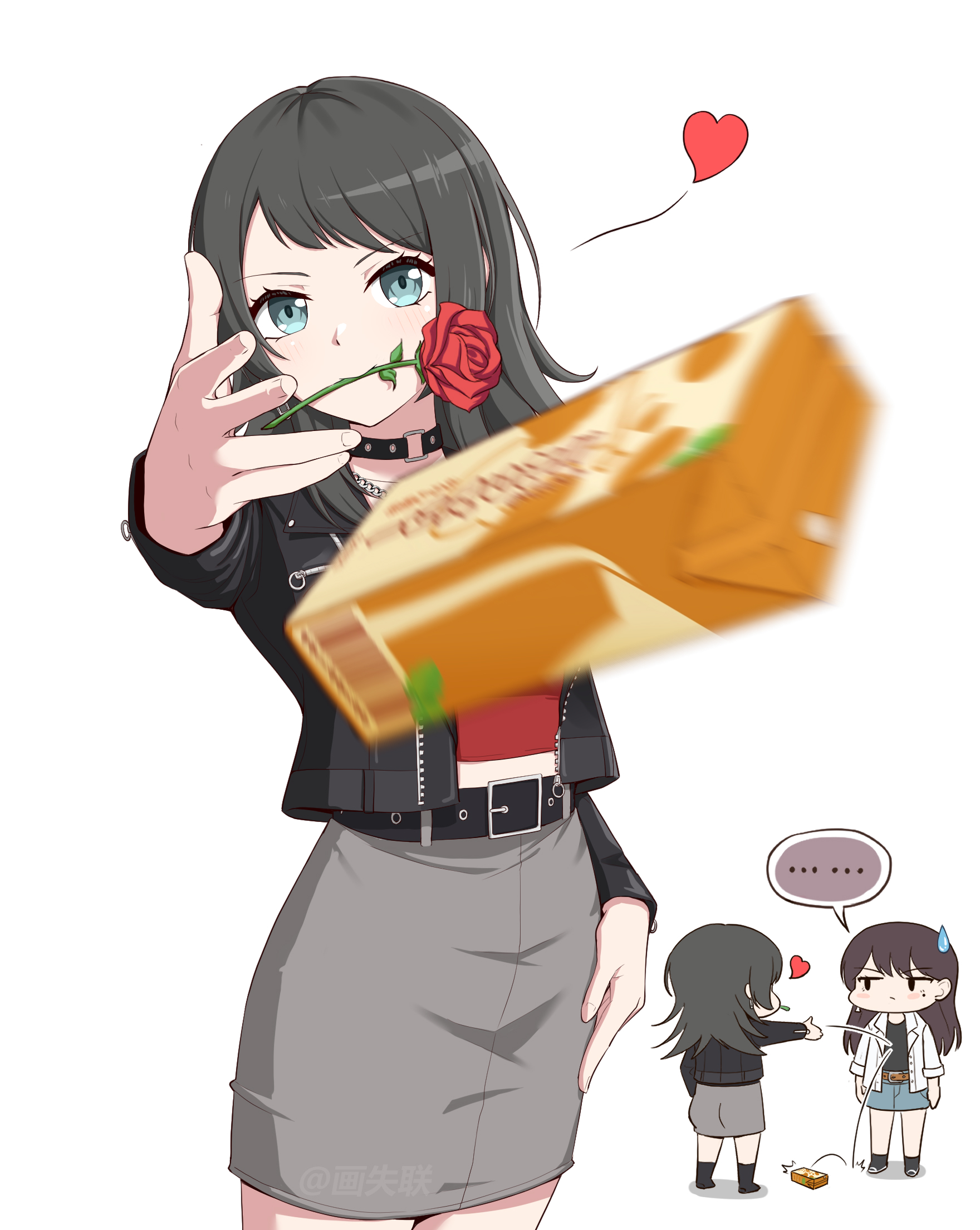 anglediana, shiina taki, yahata umiri, bang dream!, bang dream! it's mygo!!!!!, chinese commentary, commentary request, highres, …, 2girls, black hair, black jacket, black shirt, blue eyes, blue pants, blush, earrings, flower, grey pants, heart, jacket, jewelry, long hair, meme, mole, mole under eye, mouth hold, multiple girls, open clothes, open jacket, pants, red flower, red rose, red shirt, rose, shirt, simple background, single earring, spoken ellipsis, white background, white jacket, woe plague be upon ye (meme), yuri