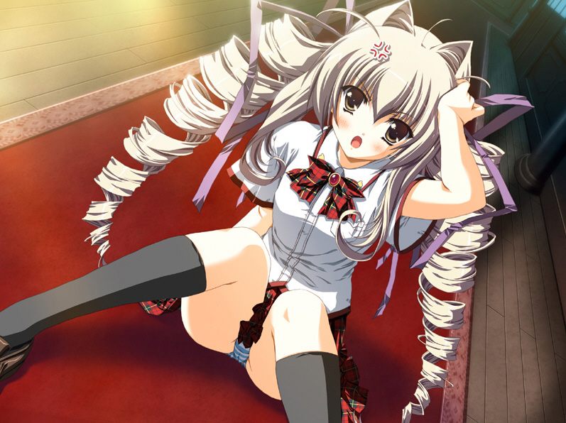 amakawa akito, tennouji reika, aruji no tame ni kane wa naru, game cg, non-web source, 1girl, anger vein, angry, blonde hair, drill hair, dutch angle, female focus, long hair, panties, pantyshot, school uniform, solo, spread legs, underwear, yellow eyes