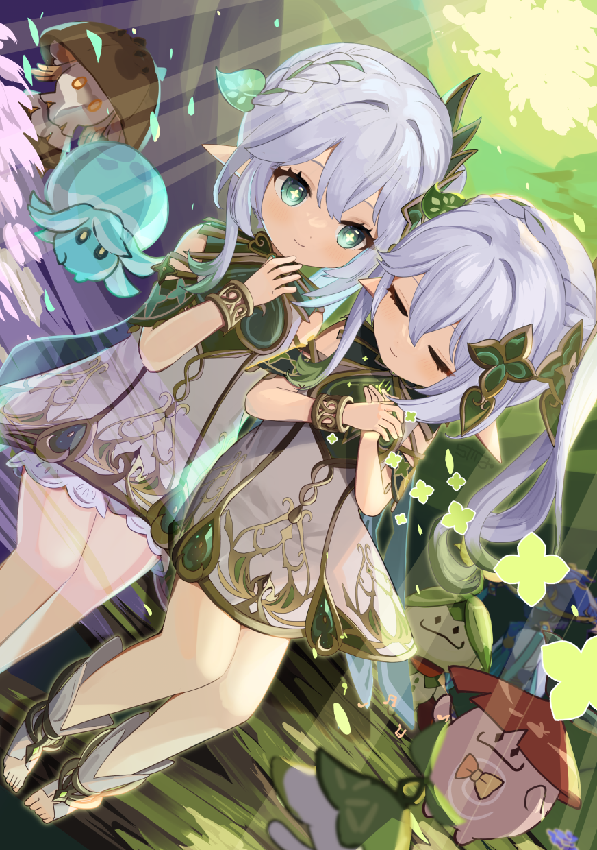 goma (u p), aranara (genshin impact), nahida (genshin impact), rukkhadevata (genshin impact), genshin impact, commentary, highres, symbol-only commentary, 2girls, bare shoulders, blush, bracelet, cape, closed eyes, closed mouth, cross-shaped pupils, day, detached sleeves, dress, feet out of frame, green cape, green eyes, green sleeves, grey hair, hair ornament, half crown braid, hand up, hands on own chest, jewelry, long hair, multiple girls, outdoors, pointy ears, short sleeves, sitting, sleeveless, sleeveless dress, smile, stirrup footwear, symbol-shaped pupils, white dress