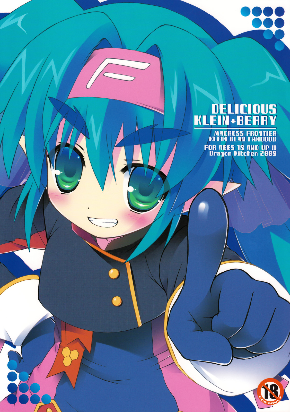 sasori gatame, sasorigatame, klan klein, macross, macross frontier, eyebrows, uniform, highres, 00s, 1girl, blue hair, blush, content rating, cover, female focus, gloves, green eyes, grin, hand on own hip, headband, hip focus, pointing, pointy ears, smile, solo, twintails