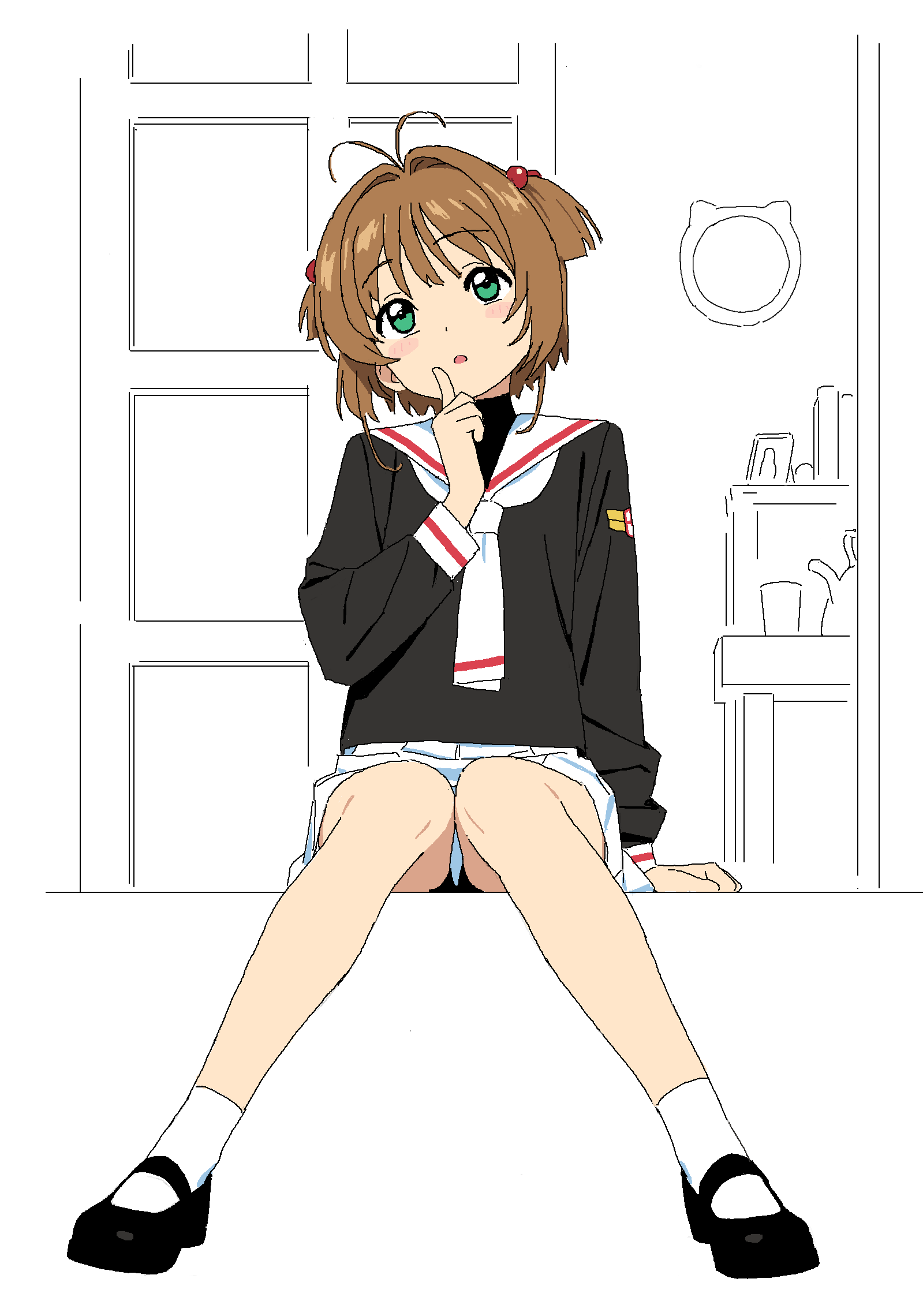 agrafl, kinomoto sakura, cardcaptor sakura, highres, 1girl, antenna hair, arm support, black shirt, black shoes, blush stickers, brown hair, door, green eyes, indoors, knees together feet apart, long sleeves, looking up, mary janes, neckerchief, parted lips, pleated skirt, sailor collar, school uniform, shirt, shoes, short hair, sitting, sketch, skirt, socks, solo, table, thighs, tomoeda elementary school uniform, white background, white neckerchief, white sailor collar, white skirt, white socks