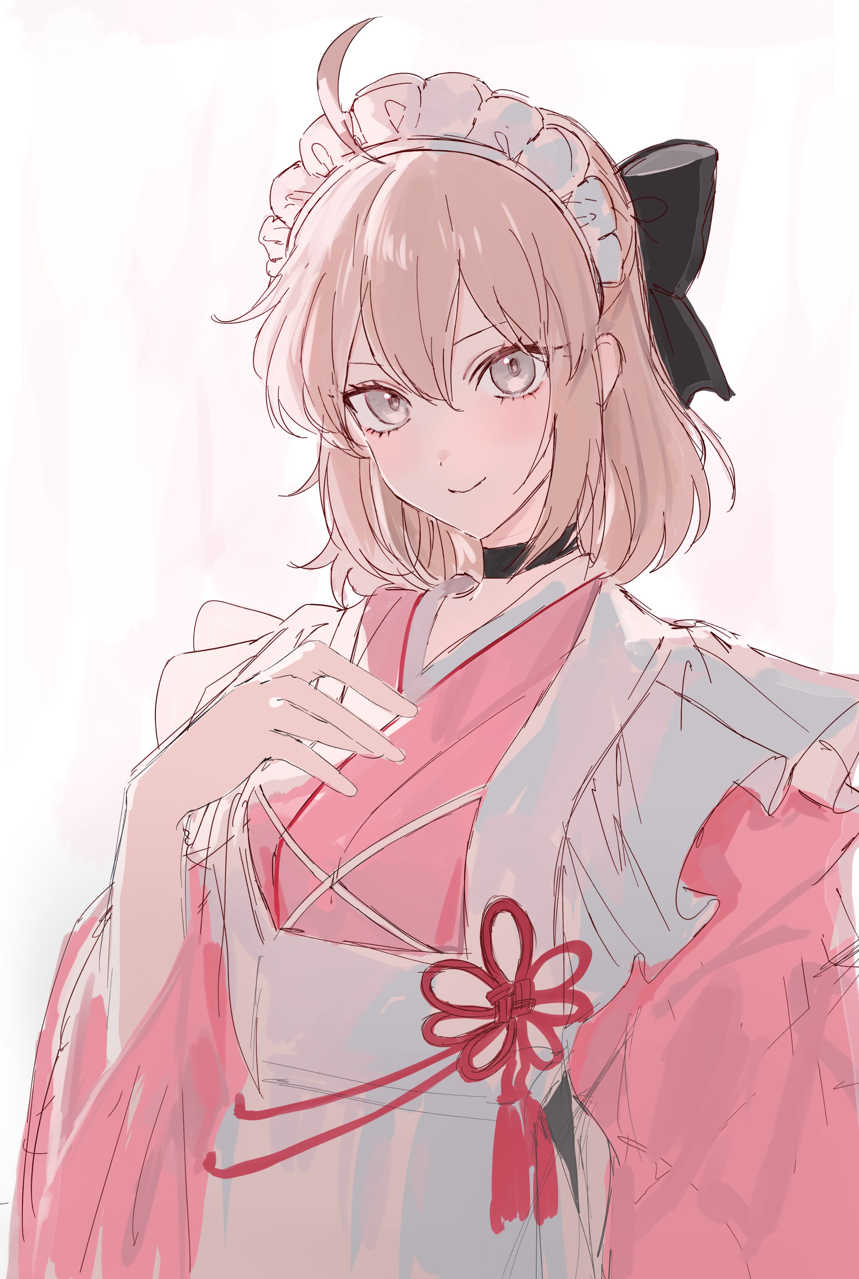 yurumawari, okita souji (fate), fate/grand order, fate (series), absurdres, highres, 1girl, ahoge, alternate costume, apron, blonde hair, enmaided, grey eyes, japanese clothes, kimono, maid, maid apron, maid headdress, pink kimono, sketch, smile, wa maid, wide sleeves