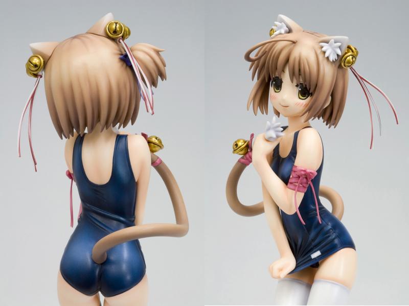 nekomiya nono, yotsunoha, photo (medium), 00s, 1girl, ahoge, animal ear fluff, animal ears, bell, blush, brown hair, cat ears, cat tail, figure, figure (medium), hair bell, hair ornament, hair ribbon, lace, multiple views, one-piece swimsuit, one side up, pink ribbon, ribbon, school swimsuit, smile, socks, swimsuit, tail, tail bell, tail ornament, tail ribbon, thighhighs, white socks, white thighhighs, yellow eyes