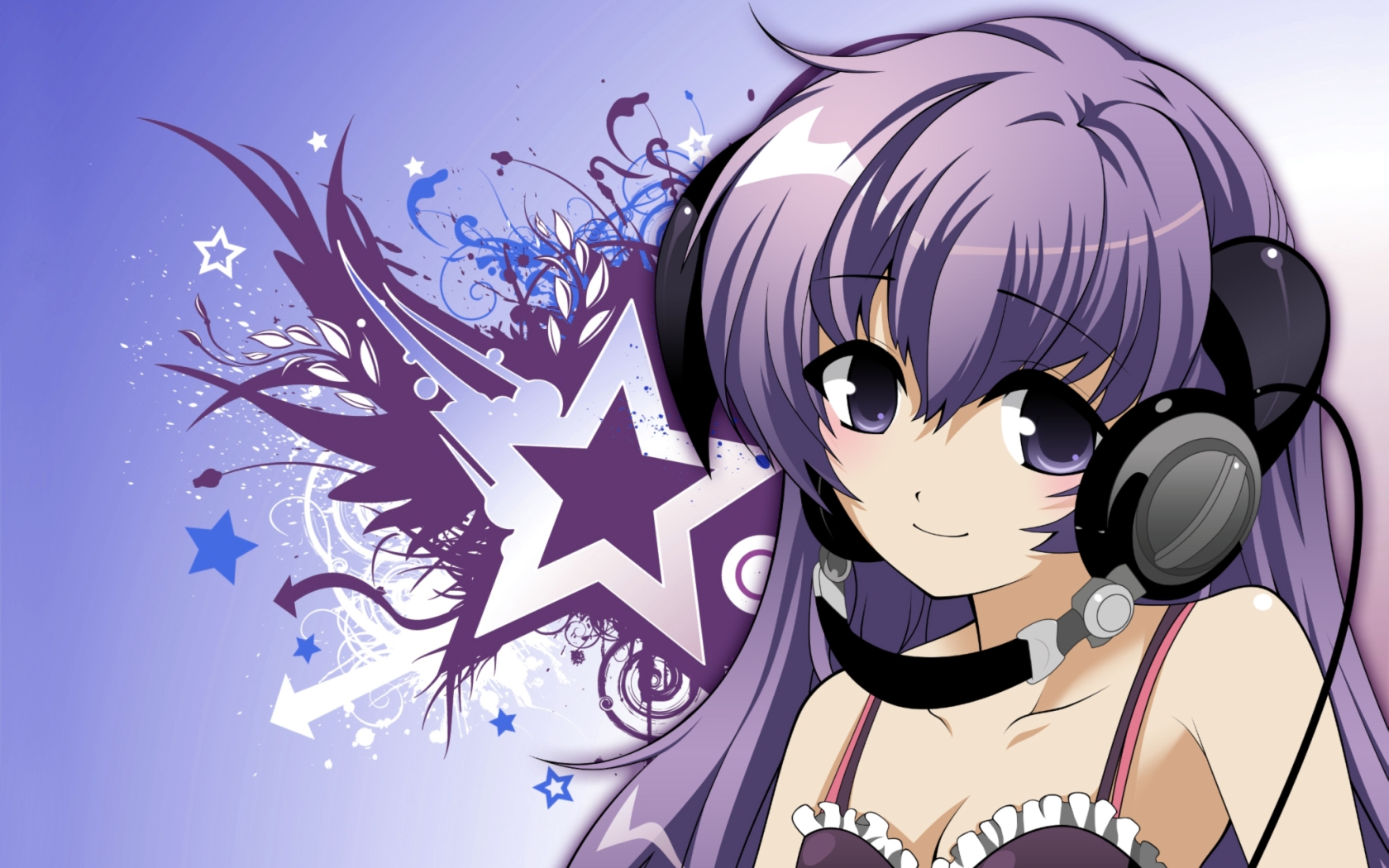 cutenotpedo, hanyuu, higurashi no naku koro ni, highres, 00s, 1girl, female focus, headphones, horns, purple eyes, purple hair, solo, star (symbol)