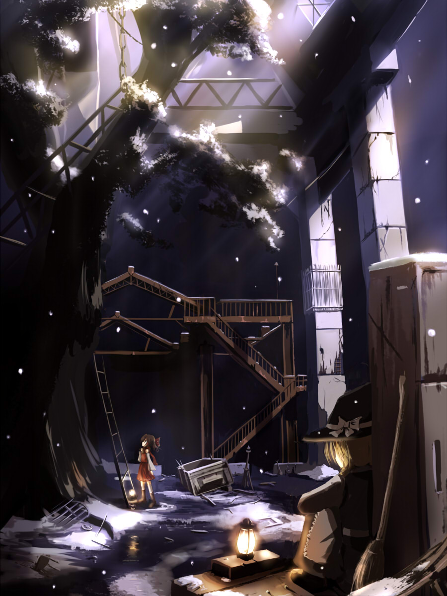 mashayuki, hakurei reimu, kirisame marisa, perfect cherry blossom, touhou, highres, 2girls, blonde hair, broom, female focus, hugging own legs, ladder, lantern, multiple girls, night, ruins, scenery, sitting, snow, snowing, stairs, standing, tree