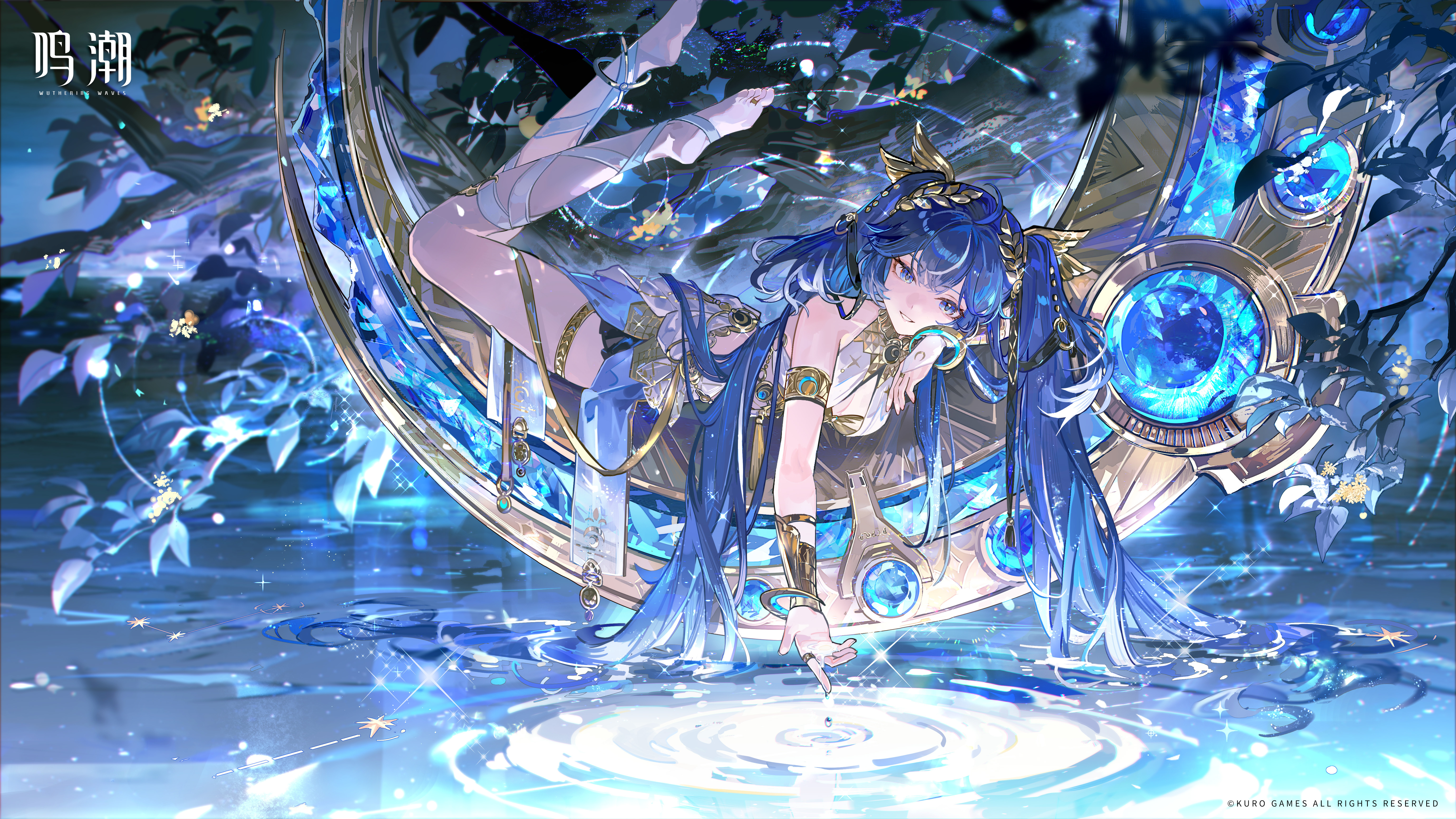 iuno (wuthering waves), wuthering waves, absurdres, highres, official art, 1girl, ancient greek clothes, armlet, bare shoulders, barefoot, black skirt, blue eyes, blue hair, breasts, cleavage, feet, full body, gold bra, greco-roman clothes, hair belt, jewelry, laurel crown, leg wrap, legs, logo, long hair, looking at viewer, medium breasts, miniskirt, missing commentary, multicolored hair, parted lips, skirt, smile, soles, solo, streaked hair, thighlet, thighs, toes, twintails, vambraces, very long hair