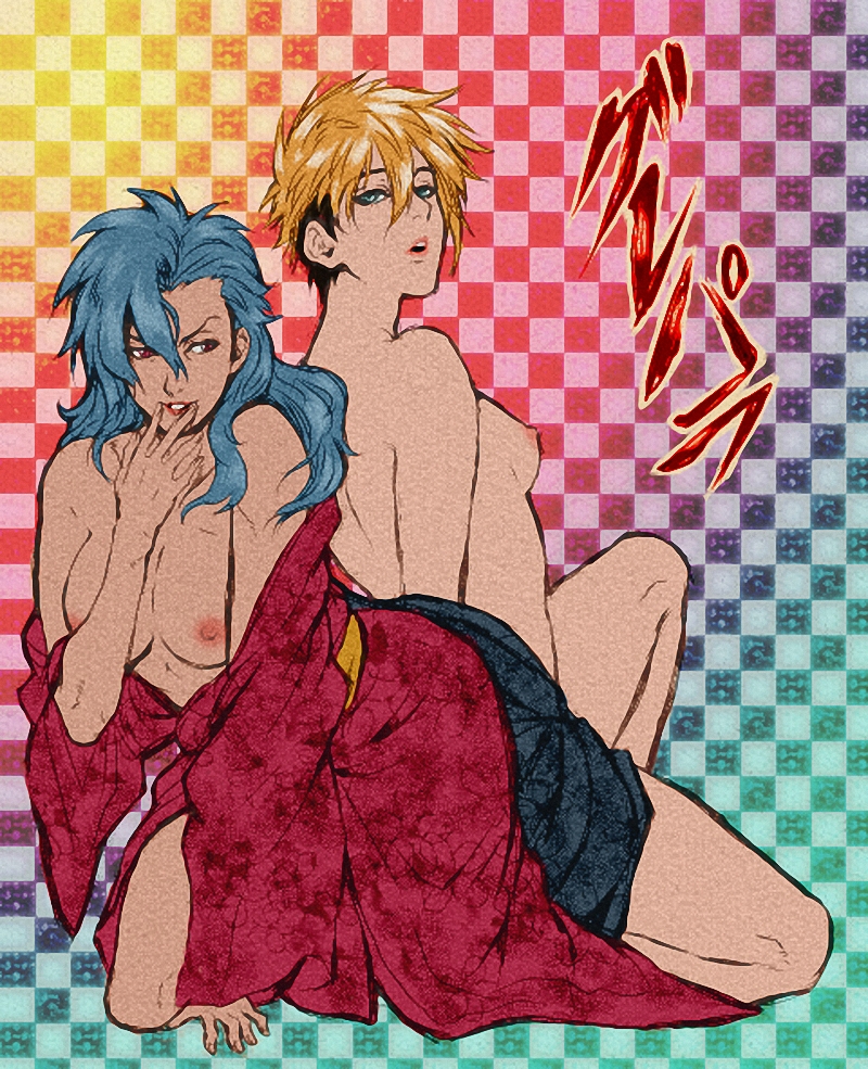 kamina (ttgl), kittan bachika, tengen toppa gurren lagann, 00s, 2girls, blue eyes, blue hair, breasts, checkered background, genderswap, genderswap (mtf), japanese clothes, lipstick, long hair, makeup, medium breasts, multicolored hair, multiple girls, nipples, rainbow background, red eyes, short hair