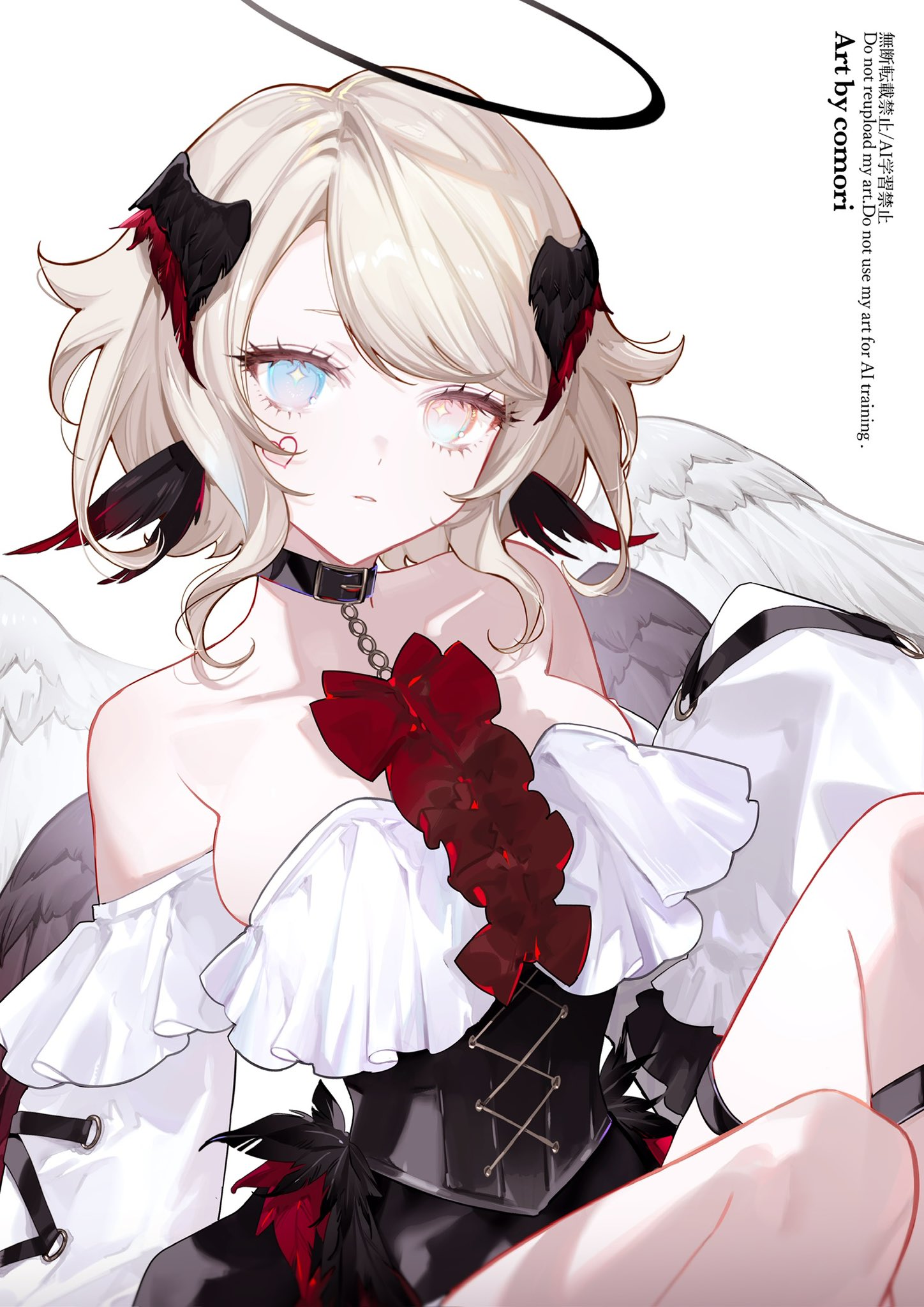 comori, indie virtual youtuber, commentary, commission, highres, skeb commission, symbol-only commentary, 1girl, artist name, bare shoulders, black choker, black dress, black halo, blonde hair, blue eyes, bow, breasts, choker, collarbone, detached sleeves, dress, facial mark, feathered wings, feet out of frame, halo, heart, heart facial mark, heterochromia, large breasts, looking at viewer, medium hair, parted bangs, parted lips, pink eyes, red bow, shatti abyssmare, simple background, sitting, solo, strapless, strapless dress, virtual youtuber, watermark, white background, white sleeves, white wings, wings