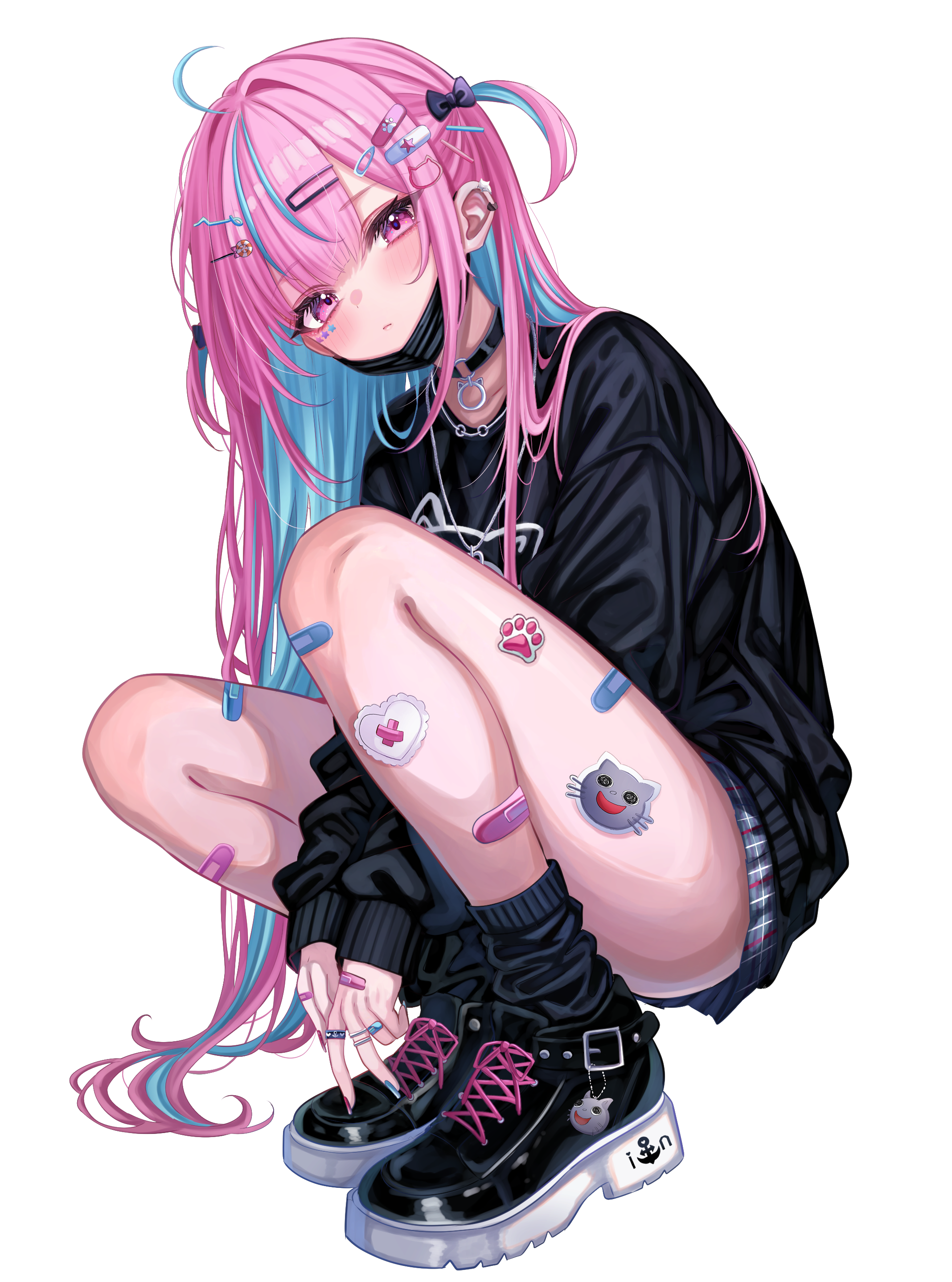 sa-ya2, minato aqua, neko (minato aqua), hololive, absurdres, highres, 1girl, ahoge, anchor print, bandaid, bandaid hair ornament, bandaid on finger, bandaid on hand, bandaid on leg, black bow, black choker, black jacket, black mask, black shoes, black socks, blue hair, blue nails, blush, bow, cat choker, cat hair ornament, choker, closed mouth, collarbone, colored inner hair, ear piercing, facial mark, fingernails, grey skirt, hair bow, hair intakes, hair ornament, hairclip, head tilt, jacket, jewelry, lollipop hair ornament, long hair, long sleeves, mask, mask lift, mouth mask, multicolored hair, nail polish, o-ring, o-ring choker, patch, piercing, pink eyes, pink hair, pink nails, plaid clothes, plaid skirt, ring, shoes, simple background, skirt, sleeves past wrists, socks, solo, squatting, star (symbol), star facial mark, streaked hair, thighs, transparent background, two-tone hair, two side up, virtual youtuber, yami kawaii