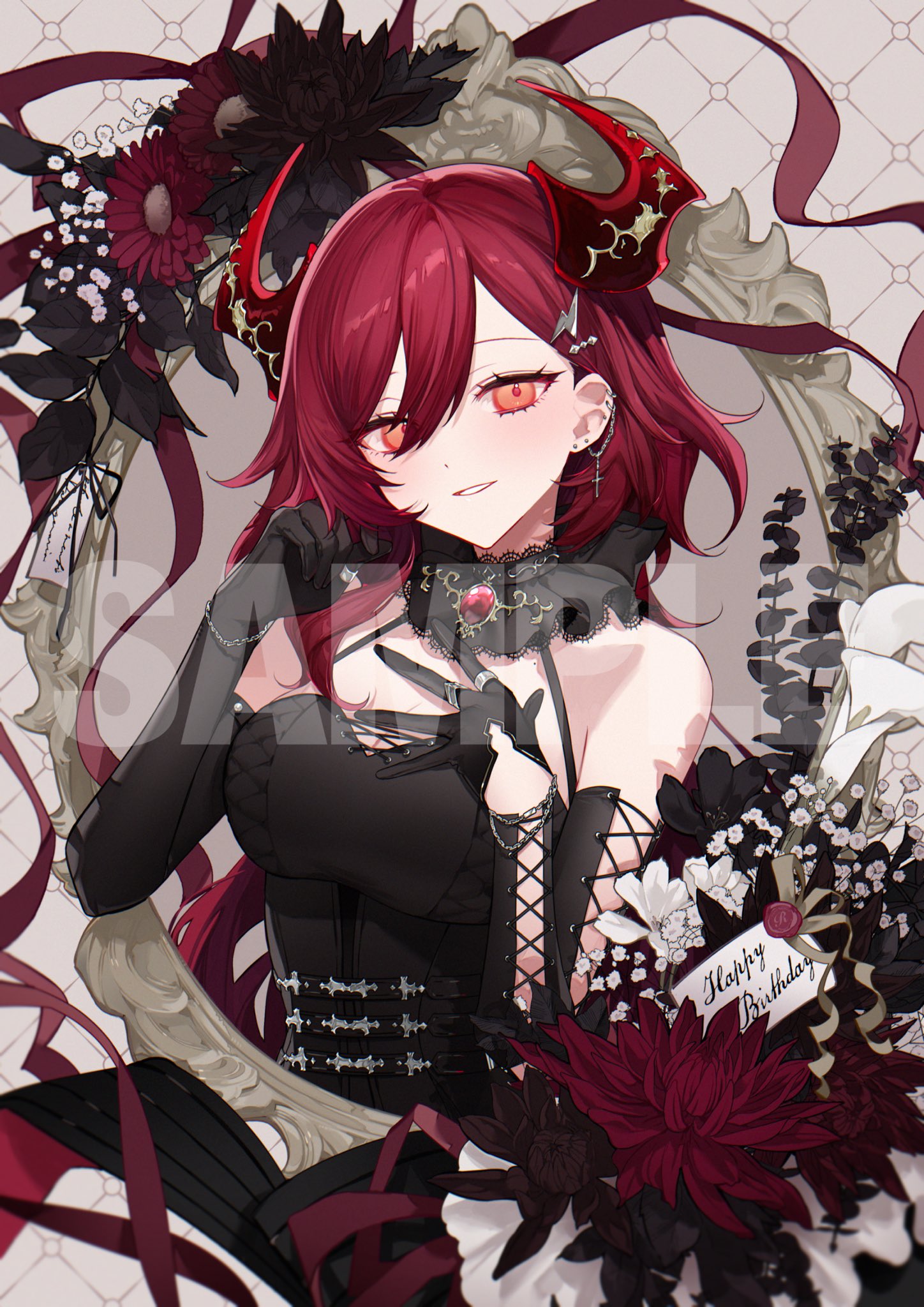 comori, indie virtual youtuber, commentary request, highres, 1girl, bare shoulders, black dress, black gloves, blush, breasts, cleavage, double-parted bangs, dress, ear piercing, elbow gloves, gloves, grey background, grin, hair between eyes, happy birthday, horns, kagari ron, large breasts, long hair, looking at viewer, piercing, red eyes, red hair, red horns, sample watermark, sleeveless, sleeveless dress, smile, solo, upper body, virtual youtuber, watermark