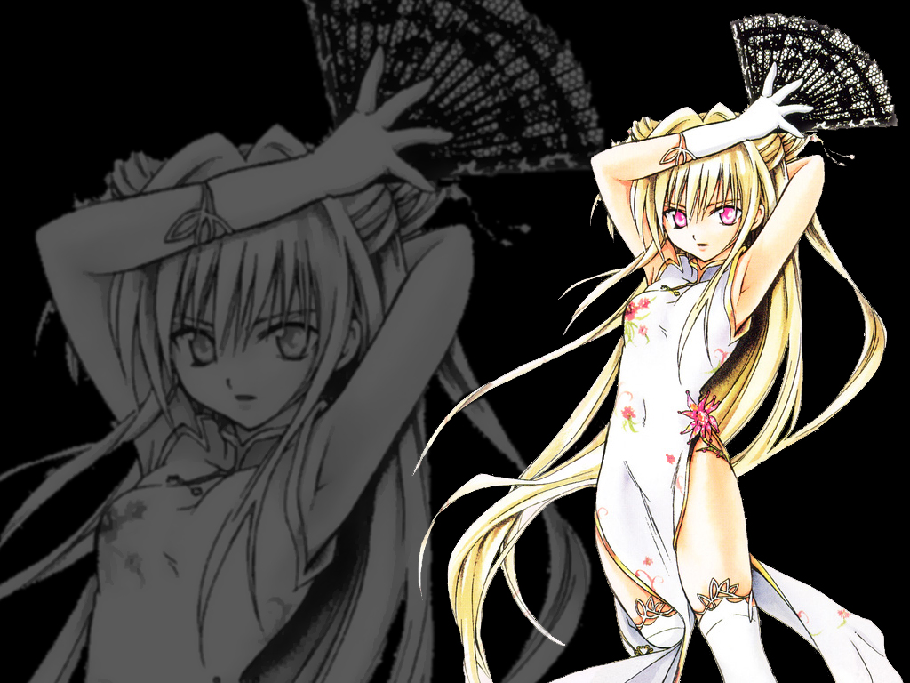 yabuki kentarou, eve (black cat), black cat (series), non-web source, 00s, 1girl, armpits, arms up, blonde hair, china dress, chinese clothes, dress, female focus, folding fan, gloves, hand fan, holding, holding fan, long hair, pink eyes, solo, thighhighs, twintails, very long hair, white thighhighs, zoom layer