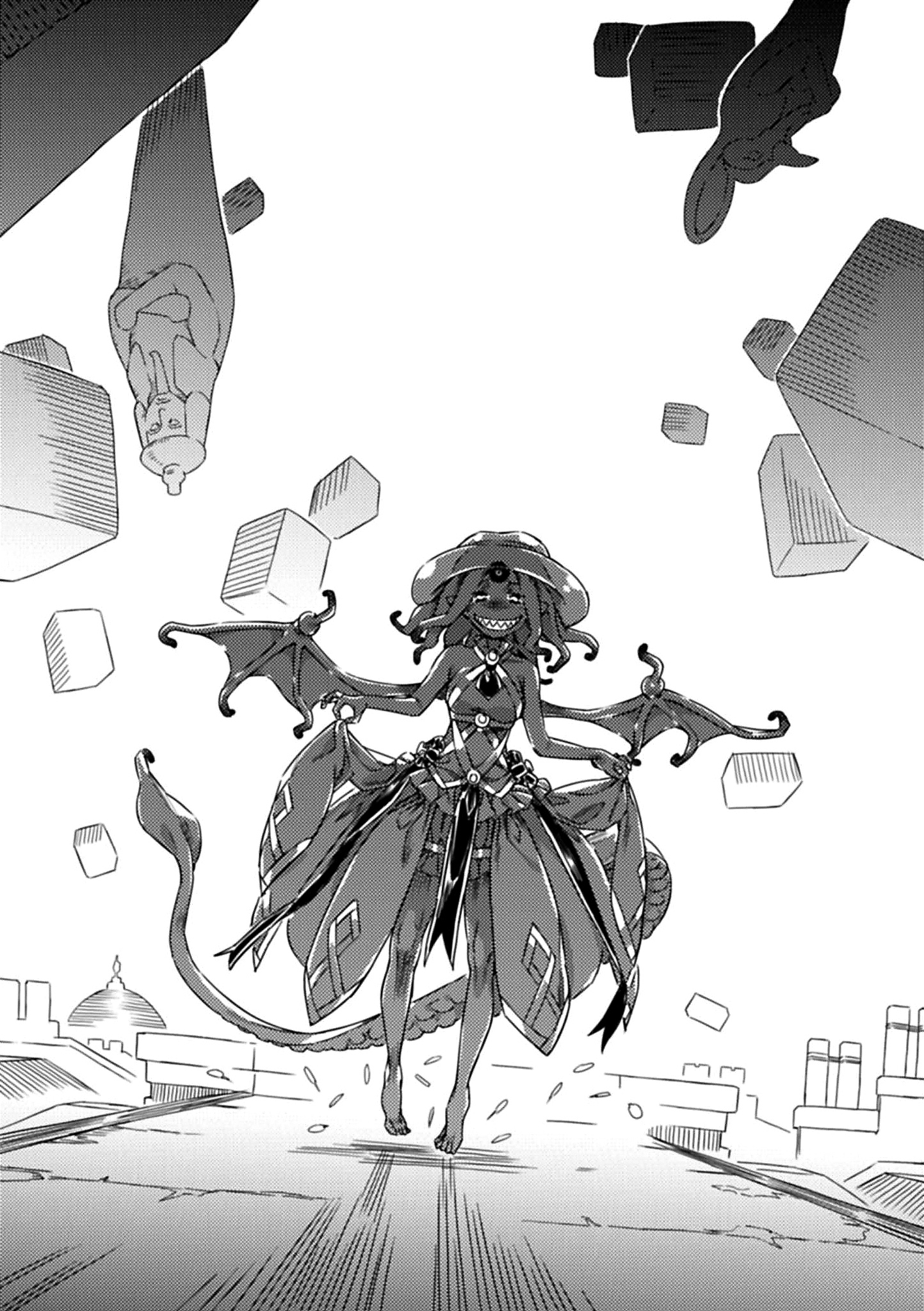 haimura kiyotaka, qliphah puzzle 545, toaru majutsu no index, toaru majutsu no index: new testament, highres, novel illustration, official art, 1girl, bare arms, bare legs, bare shoulders, barefoot, breasts, building, clothes lift, curtsey, demon girl, demon wings, dress, dress lift, frilled dress, frills, full body, gradient hair, grey dress, greyscale, grin, hair bun, halftone dot (medium), hand to own mouth, headgear, high collar, hole in head, horizontal pupils, lifting own clothes, looking at viewer, medium breasts, monochrome, multicolored hair, necktie, pale skin, pink hair, pointy ears, rags, red ribbon, ribbon, sharp teeth, sideboob, sleeveless, smile, solo, squid girl, standing, statue, symbol-shaped pupils, tail, teeth, tentacle hair, tentacle tail, tentacles, tiptoes, white background, wings