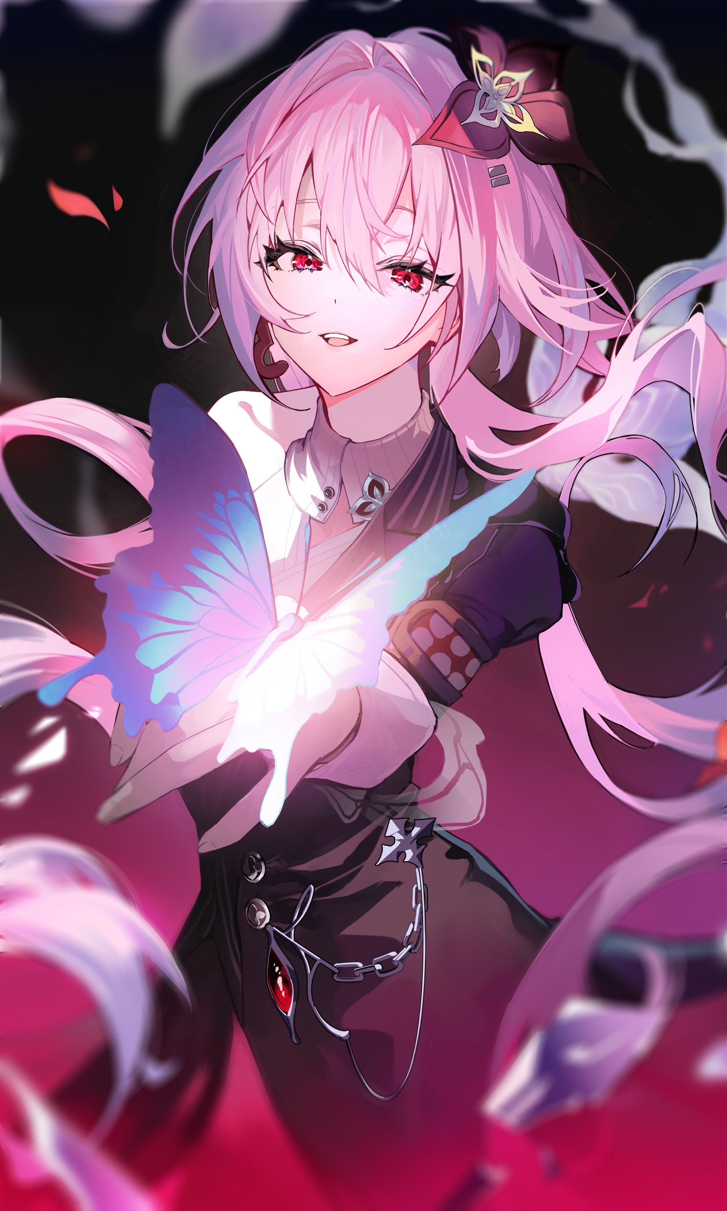 totomong, evernight (honkai: star rail), march 7th (honkai: star rail), honkai: star rail, honkai (series), absurdres, highres, 1girl, bug, butterfly, chain, dress, earrings, evey (honkai: star rail), flower, gem, hair flower, hair ornament, hairclip, insect, jewelry, long hair, parallel hairclips, pink hair, red eyes, red gemstone, single bare shoulder, single earring, very long hair