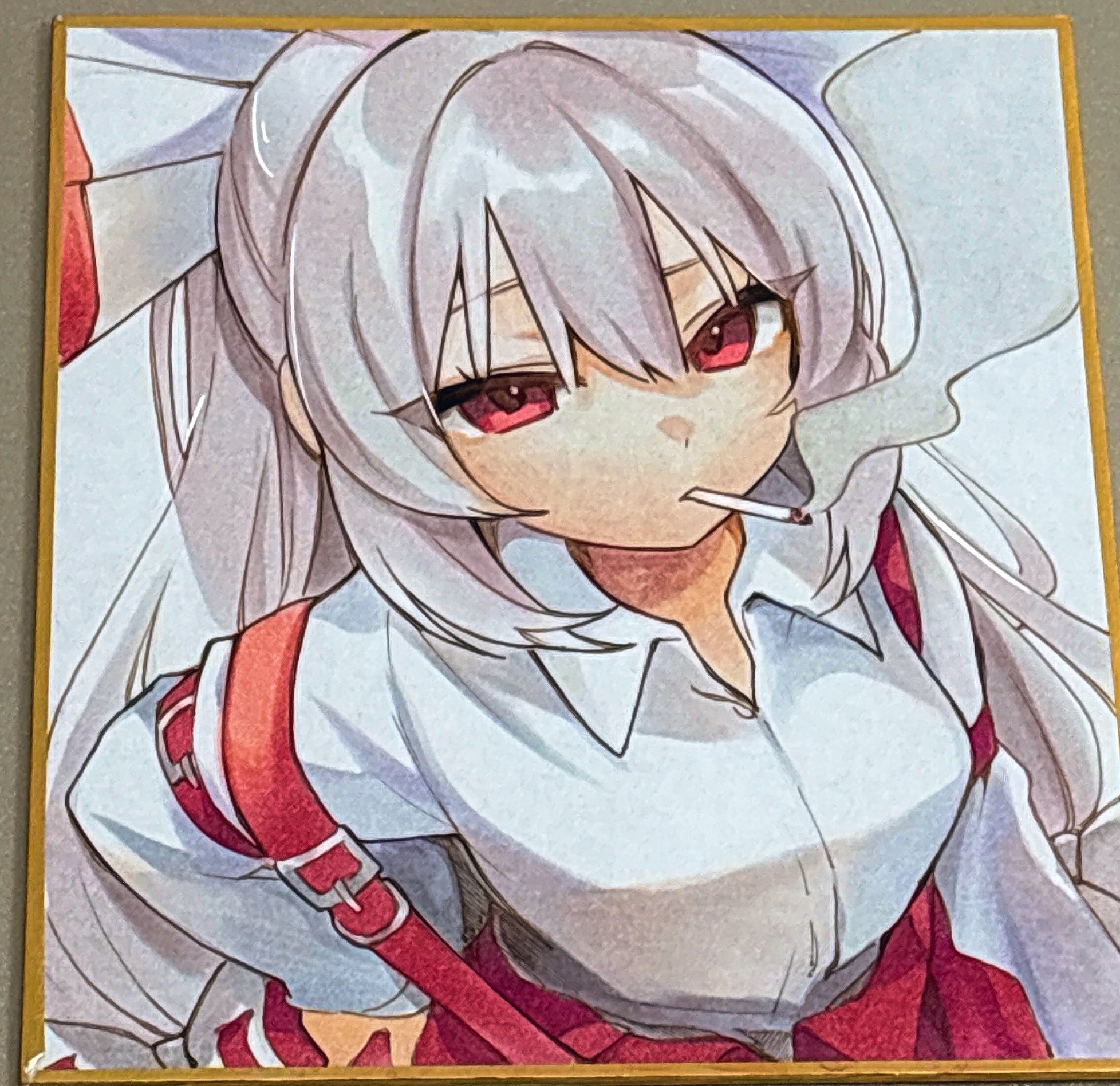 moni monico, fujiwara no mokou, touhou, commentary, highres, marker (medium), traditional media, 1girl, cigarette, collared shirt, grey hair, hair between eyes, hand on own hip, long hair, long sleeves, looking at viewer, pants, red eyes, red pants, shikishi, shirt, smoke, smoking, solo, suspenders, upper body, white background, white shirt