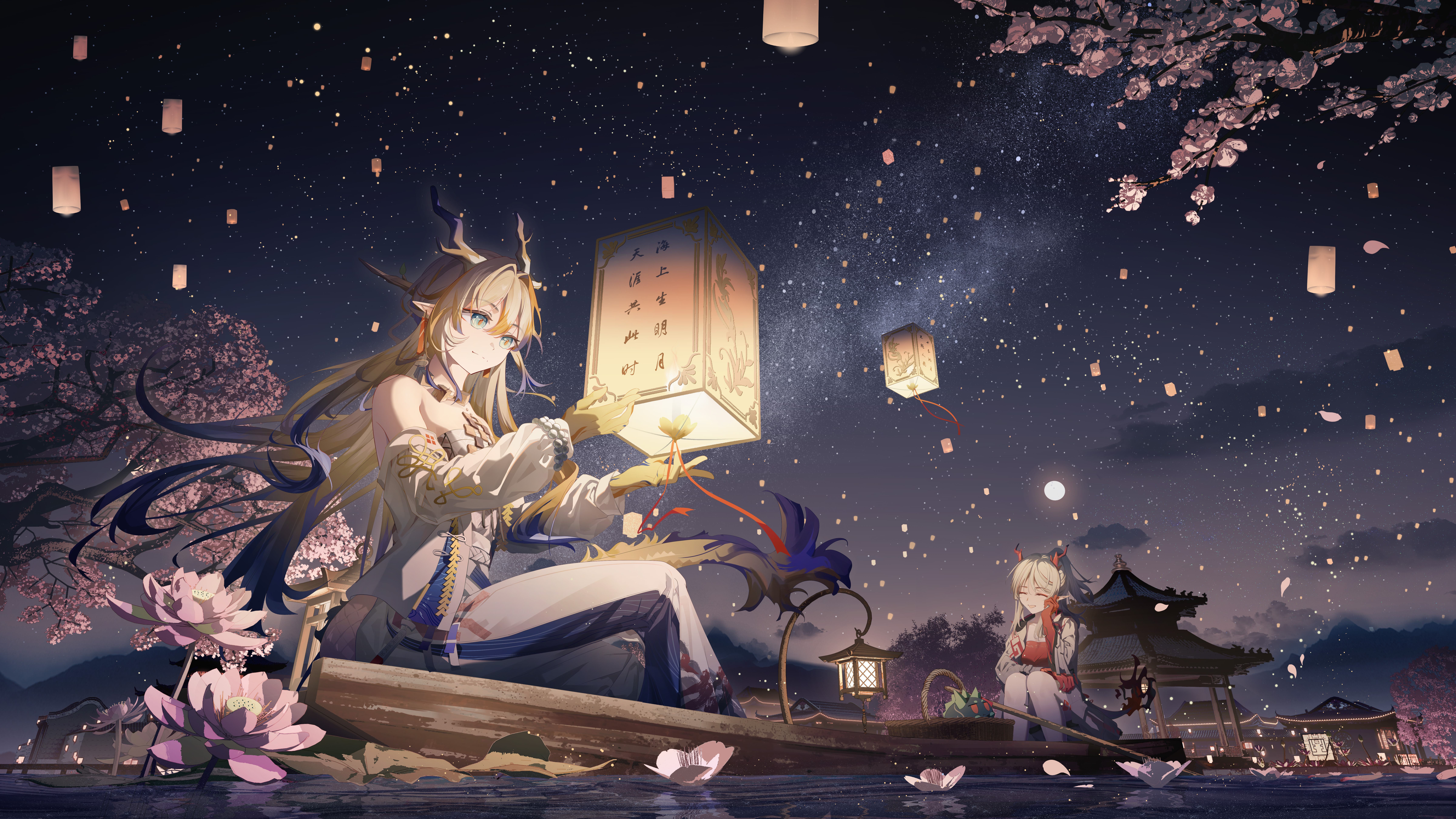 hui mou, nian (arknights), shu (arknights), arknights, absurdres, highres, 2girls, architecture, bead necklace, beads, blonde hair, blue eyes, closed eyes, closed mouth, dragon bubble (arknights), dragon girl, dragon horns, dragon tail, earrings, east asian architecture, eastern dragon horns, eastern dragon tail, flower, hand on own cheek, hand on own face, horns, jewelry, lantern, long hair, lotus, multicolored hair, multiple girls, necklace, night, night sky, pants, paper lantern, pointy ears, scenery, shirt, sitting, sky, sky lantern, smile, strapless, strapless shirt, tail, tassel, tassel earrings, very long hair, white hair, white pants