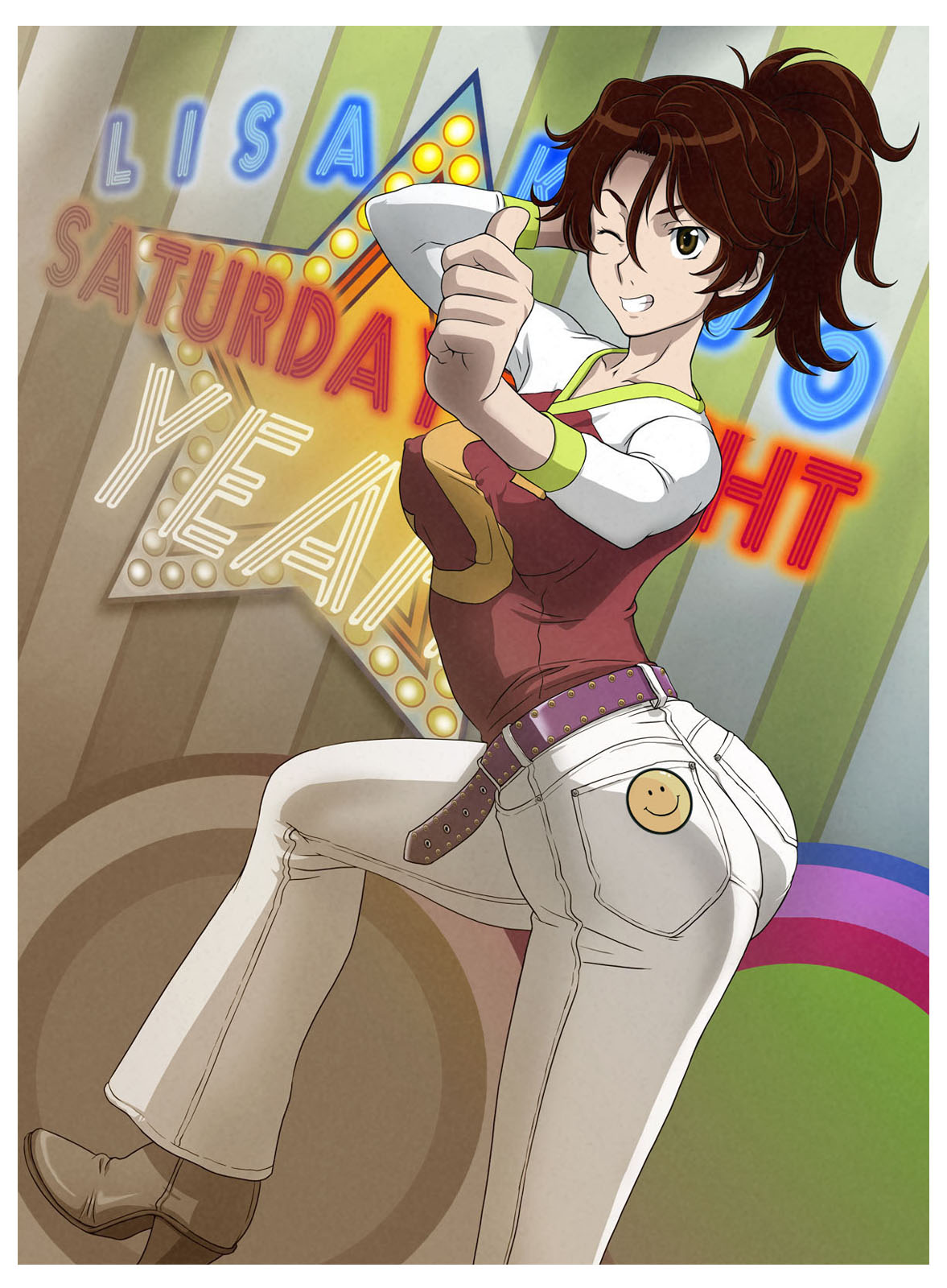tooo, lisa kujo, sumeragi lee noriega, gundam, gundam 00, saturday night fever, highres, 00s, 1970s (style), 1girl, alternate hairstyle, bell-bottoms, belt, boots, breasts, brown eyes, brown hair, covered erect nipples, denim, disco, female focus, high heel boots, high heels, jeans, large breasts, oldschool, one eye closed, pants, ponytail, retro artstyle, smiley face, smirk, solo, thumbs up, wink