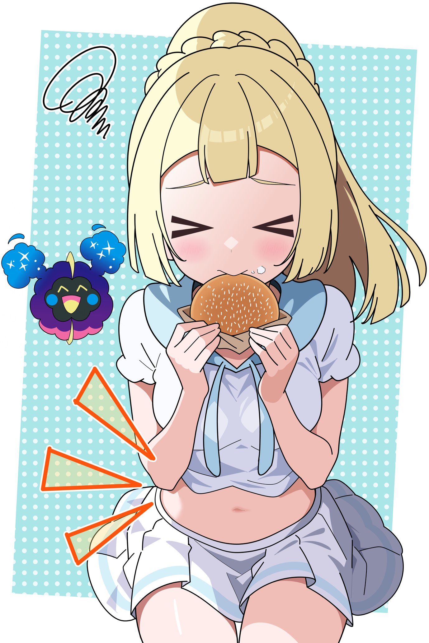 odorukaminoke, cosmog, lillie (pokemon), nintendo, pokemon, pokemon sm, highres, > <, 1girl, blonde hair, blunt bangs, braid, breasts, burger, closed eyes, closed mouth, cropped shirt, food, food on face, gen 7 pokemon, holding, holding burger, holding food, legendary pokemon, pokemon (creature), ponytail, ponytail with braided base, shirt, short sleeves, skirt, spoken squiggle, squiggle, white shirt, white skirt