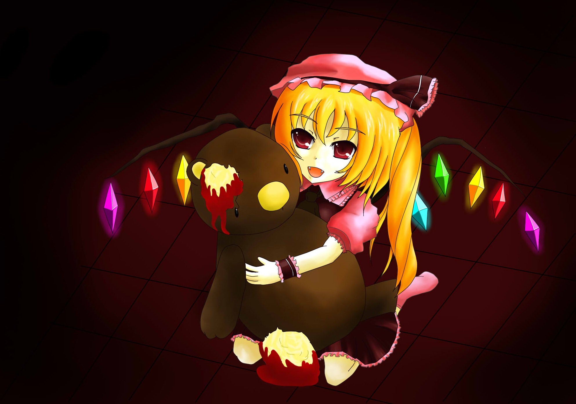 saitou senyou, flandre scarlet, touhou, bad id, bad pixiv id, highres, 1girl, black background, bleeding, blood, female focus, hat, hat ribbon, injury, kneeling, mob cap, red eyes, ribbon, solo, stuffed animal, stuffed toy, teddy bear, wings