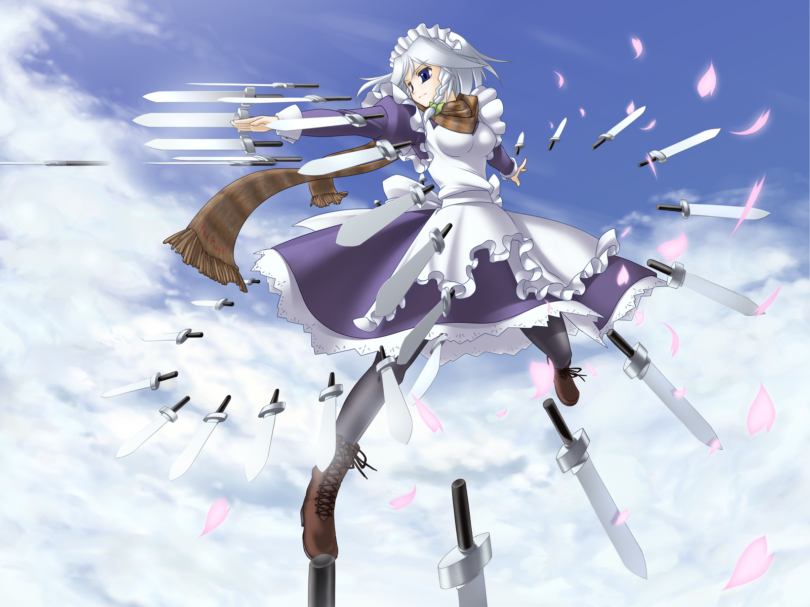 suematsu jerry, izayoi sakuya, perfect cherry blossom, touhou, silver hair, highres, 1girl, blue eyes, breasts, day, female focus, full body, knife, maid, outdoors, pantyhose, scarf, sky, solo, throwing knife, weapon