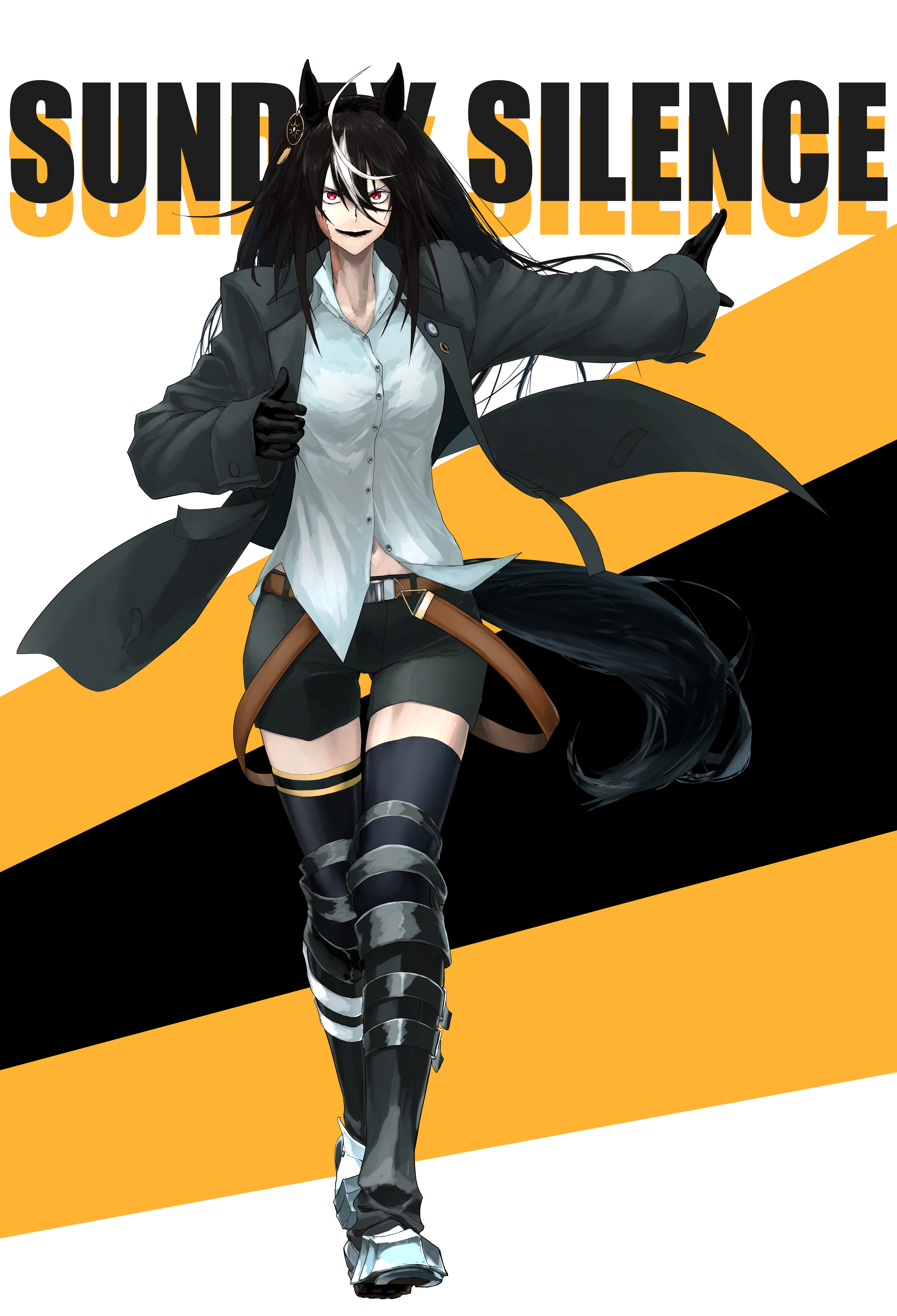 fujigaya seizo, sunday silence (racehorse), original, umamusume, absurdres, commentary request, highres, 1girl, animal ears, belt, black coat, black gloves, black hair, black shorts, black thighhighs, boots, brown belt, character name, coat, collared shirt, ear ornament, full body, genderswap, genderswap (mtf), gloves, hair between eyes, horse ears, horse girl, lapel pin, long hair, multicolored hair, open clothes, open coat, patchwork skin, personification, red eyes, scar, scar on face, shirt, shorts, solo, stitched face, stitches, streaked hair, sun ornament, thighhighs, white hair, white shirt