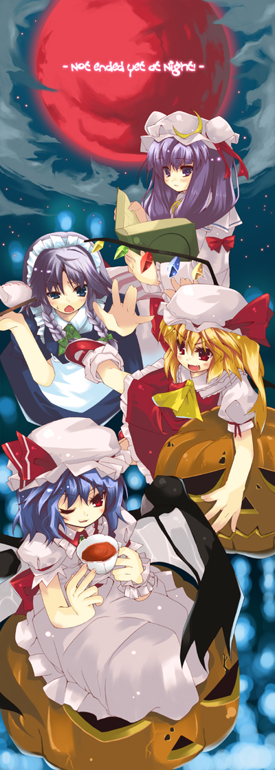 sho (aura), flandre scarlet, izayoi sakuya, patchouli knowledge, remilia scarlet, embodiment of scarlet devil, touhou, light purple hair, silver hair, 4girls, apron, bad anatomy, bad hands, bat wings, blue hair, blush, book, braid, cup, dress, english text, engrish text, expressionless, female focus, floating, full moon, hat, holding, holding book, long hair, looking at viewer, maid, maid apron, maid headdress, mob cap, moon, multiple girls, night, one eye closed, poorly drawn, puffy sleeves, ranguage, reaching, red eyes, red moon, short hair, short sleeves, siblings, side ponytail, sisters, skirt, sky, smile, sweatdrop, teacup, teapot, tray, twin braids, wings, wink
