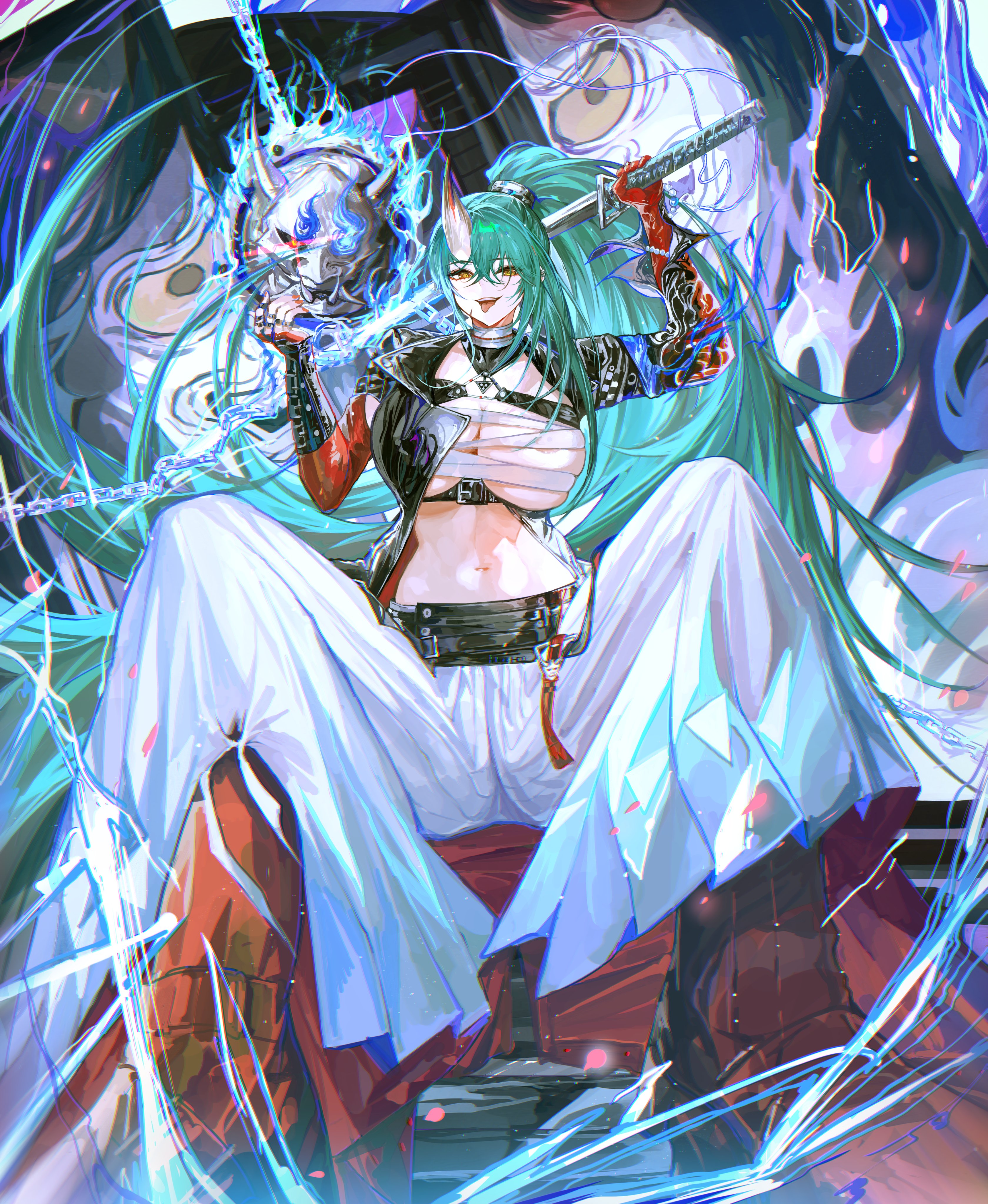 yuki flourish, hoshiguma (arknights), hoshiguma the breacher (arknights), arknights, absurdres, highres, tagme, chest sarashi, green hair, holding, holding sword, holding weapon, horns, katana, oni, sarashi, single horn, skin-covered horns, sword, weapon, yellow eyes