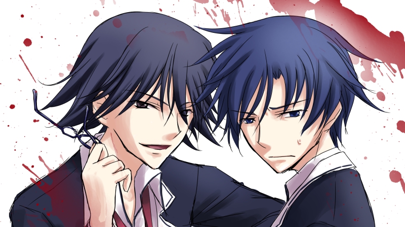 robber-krzk, miyashiro takuru, chaos;child, science adventure, 2boys, black hair, blue hair, embarrassed, hekiho academy school uniform, implied yaoi, itou shinji (chaos;child), male focus, multiple boys, necktie, nervous sweating, school uniform, short hair, smile, smug, stolen eyewear, sweat, unworn eyewear