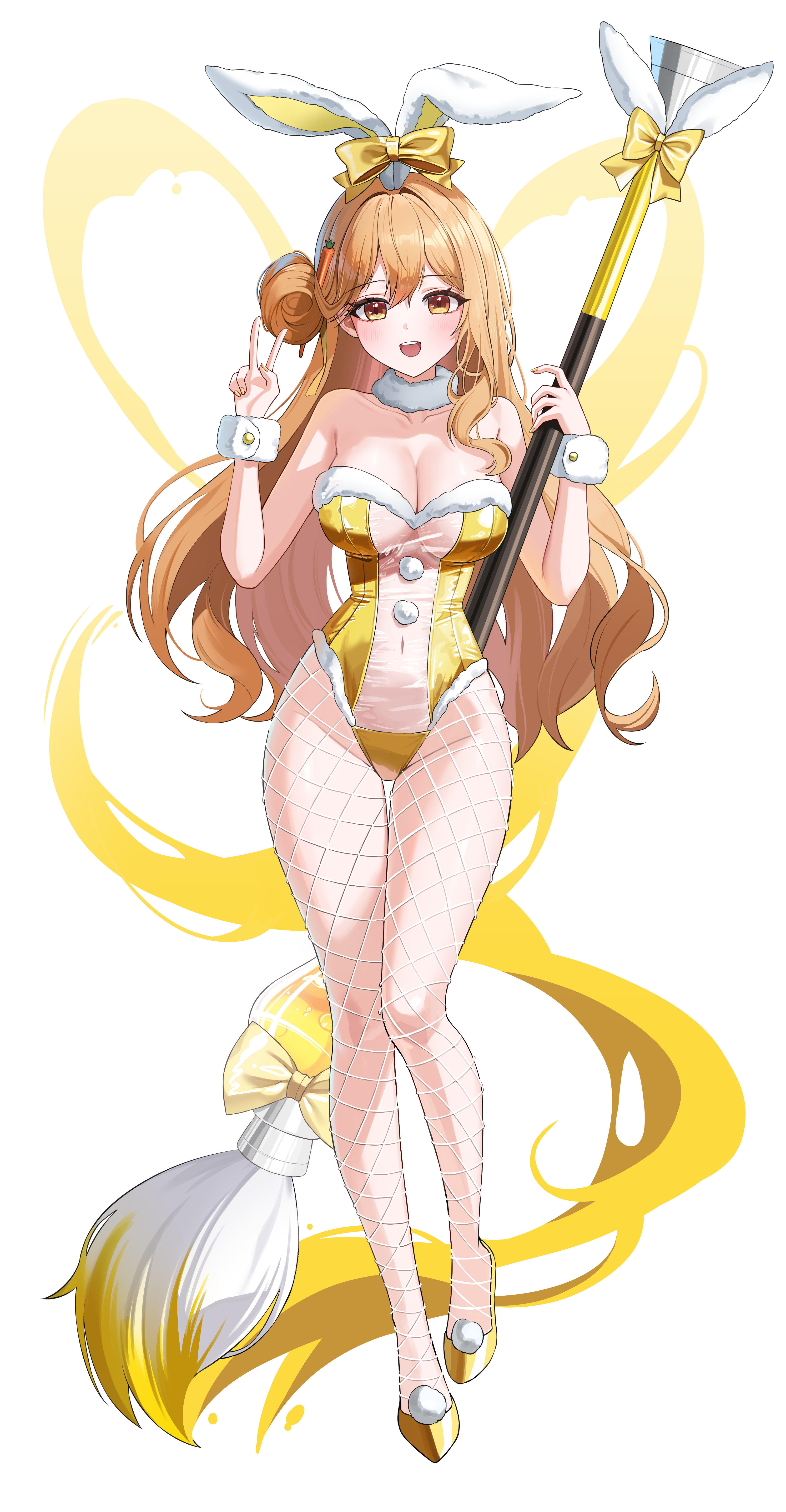 suisen (suisenhwa), tia (black survival), black survival, eternal return: black survival, absurdres, commentary, highres, 1girl, alternate costume, animal ears, bare shoulders, bow, breasts, brown eyes, brown hair, cleavage, covered navel, fake animal ears, fishnet pantyhose, fishnets, full body, fur trim, giant brush, hair bun, hand up, highleg, highleg leotard, holding, holding paintbrush, large breasts, leotard, long hair, looking at viewer, open mouth, paintbrush, pantyhose, playboy bunny, rabbit ears, single hair bun, smile, solo, strapless, strapless leotard, thighs, translucent bunnysuit, v, very long hair, wrist cuffs, yellow bow, yellow leotard