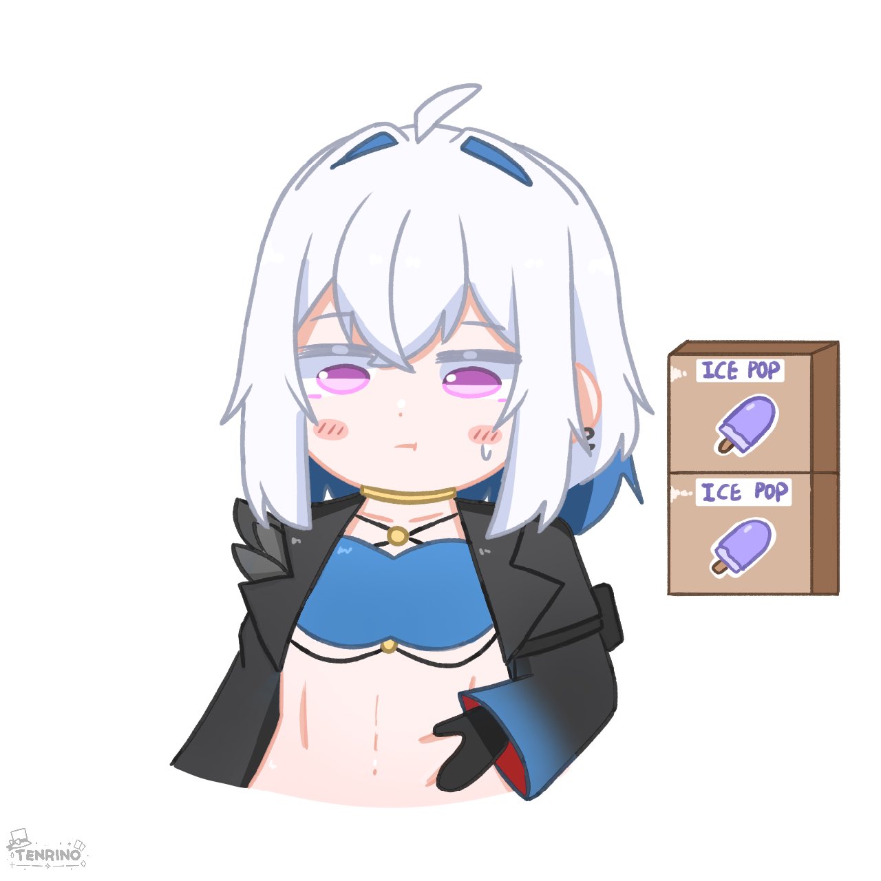 tenrino, galbrena (wuthering waves), wuthering waves, commentary, english commentary, highres, 1girl, ahoge, artist logo, black jacket, blue bra, blue hair, bra, cardboard, chibi, chibi only, collarbone, colored inner hair, earrings, hand on own stomach, jacket, jewelry, linea alba, logo, medium hair, multicolored hair, purple eyes, simple background, solo, sweatdrop, underwear, white background, white hair