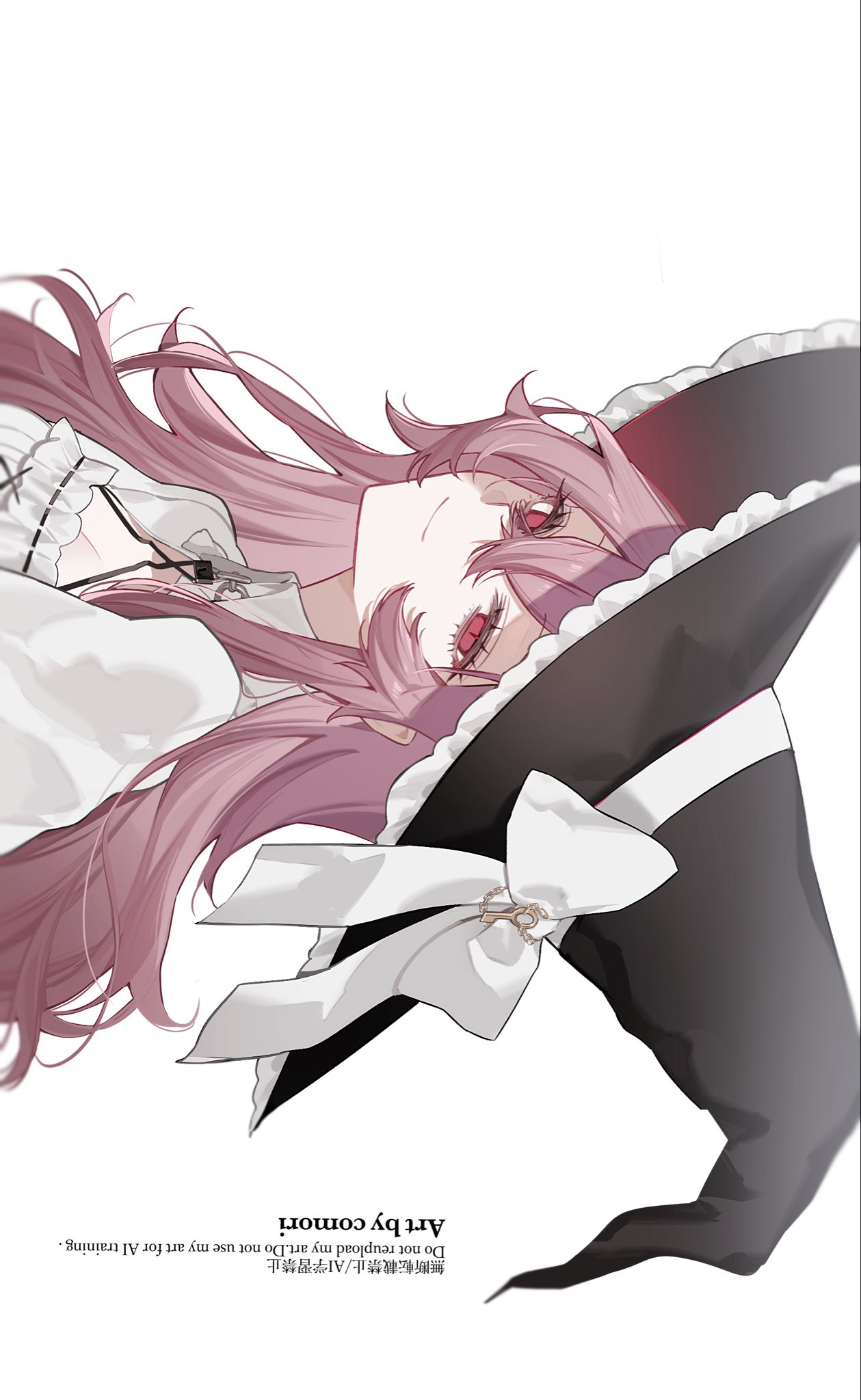 comori, indie virtual youtuber, commentary, commission, highres, skeb commission, 1girl, artist name, black hat, bow, closed mouth, crossed bangs, double-parted bangs, dress, frilled hat, frills, hair between eyes, hat, hat bow, kurenaif, long hair, looking at viewer, pink hair, portrait, red eyes, sideways, simple background, smile, solo, virtual youtuber, watermark, white background, white bow, white dress, witch hat