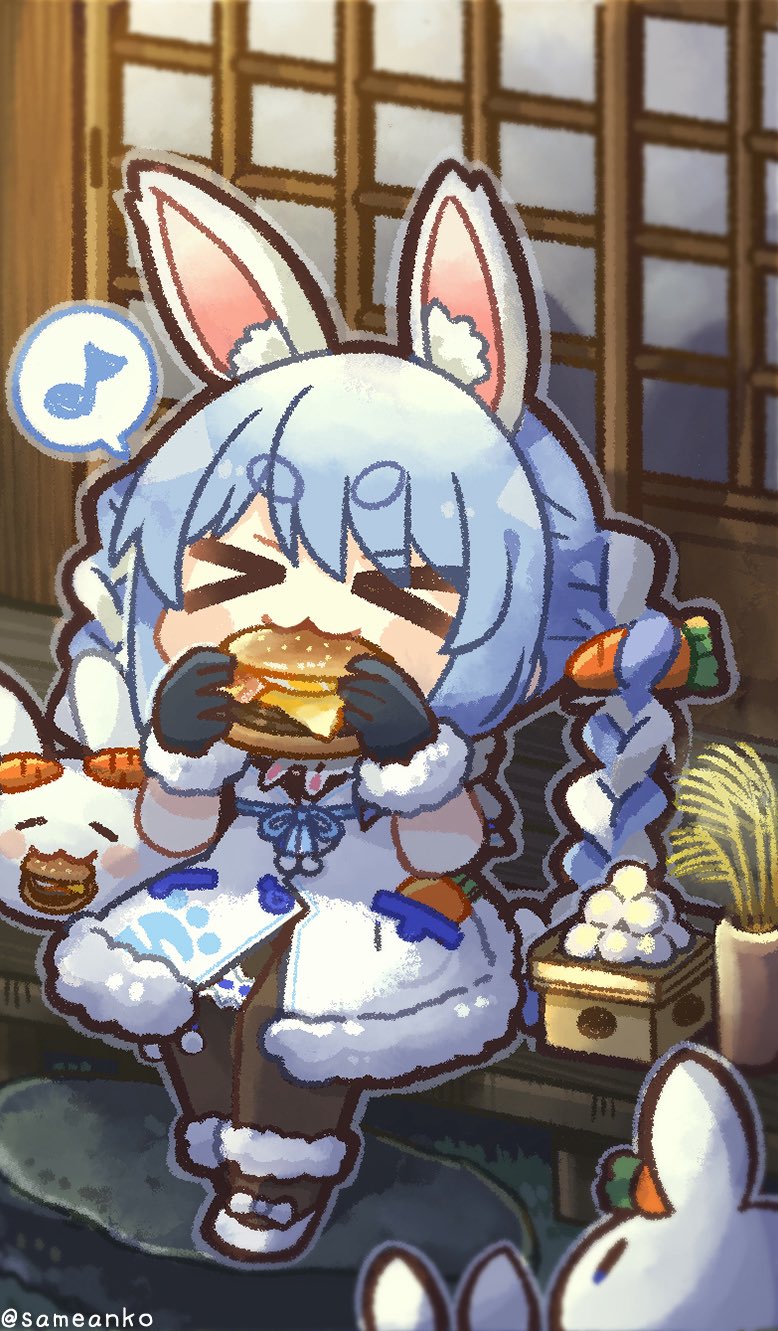 same anko, pekomon (usada pekora), usada pekora, usada pekora (1st costume), hololive, commentary request, highres, > <, 1girl, :3, animal ear fluff, animal ears, artist name, black gloves, black pantyhose, blue hair, braid, burger, chibi, chibi only, dango, dress, eating, food, fur-trimmed dress, fur trim, gloves, long hair, multicolored hair, musical note, pantyhose, rabbit ears, rabbit girl, sanbou, shouji, sitting, sliding doors, solo, spoken musical note, tsukimi, tsukimi dango, twin braids, twitter username, two-tone hair, virtual youtuber, wagashi, white dress, white hair, wooden porch, x3