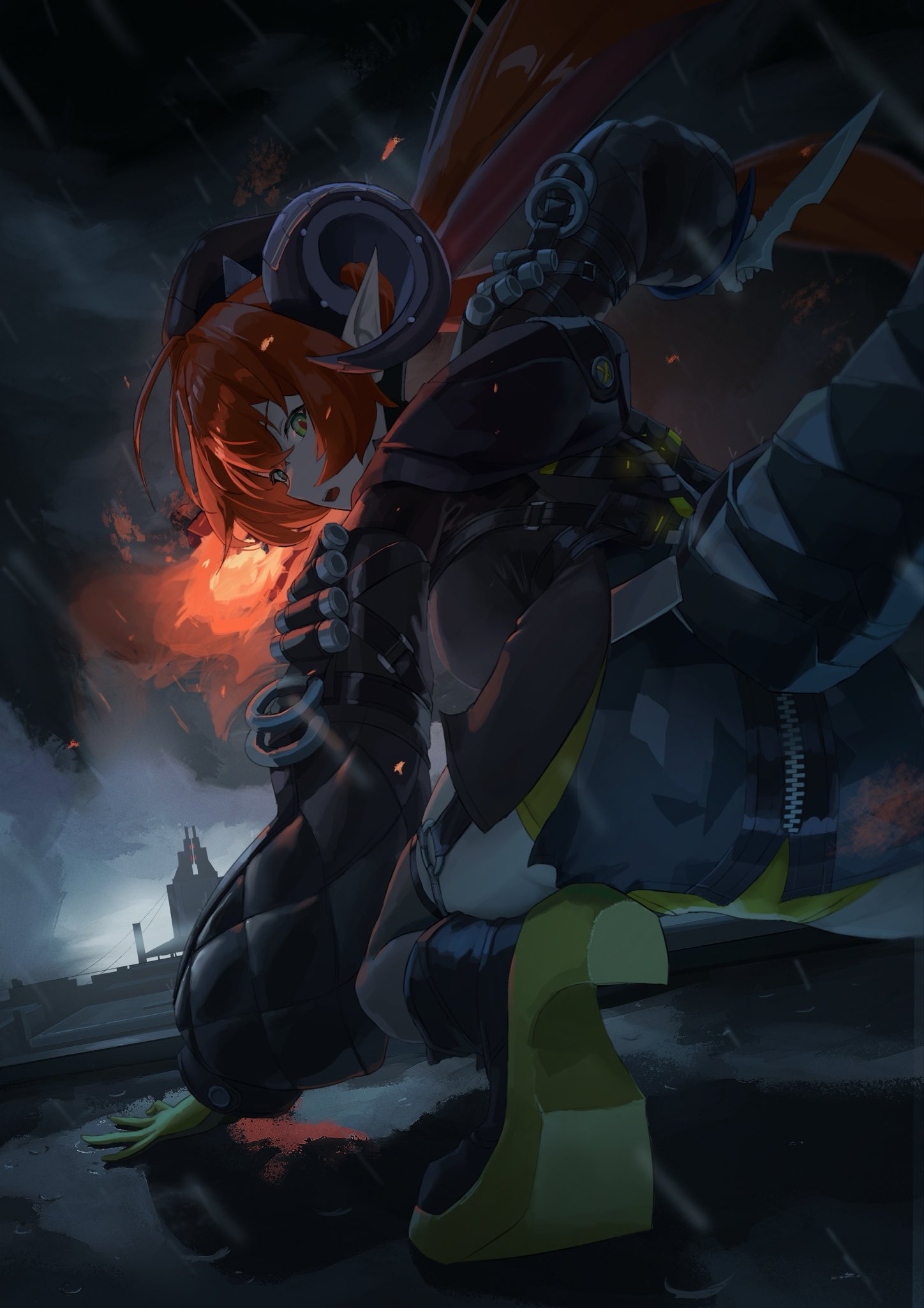 tsubakuro31, orphie magnusson, zenless zone zero, highres, 1girl, ammunition, ass, asymmetrical gloves, black hat, black horns, black jacket, black shoes, building, cloud, cloudy sky, dark cloud, dragon girl, dragon horns, dress, fingerless gloves, from behind, gloves, green eyes, grey sky, hair between eyes, hand on ground, hat, holding, holding knife, holding weapon, horns, jacket, knife, long hair, looking back, mechanical horns, mechanical tail, mismatched gloves, open mouth, orange hair, orange pupils, panties, pointy ears, puddle, rain, shoes, single fingerless glove, sky, solo, tail, teeth, thighhighs, tongue, twintails, underwear, upper teeth only, weapon, yellow gloves, yellow panties, zipper dress