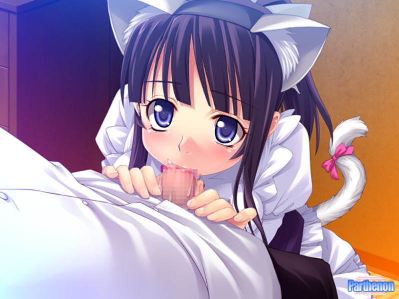yaya hinata, mahara miko, game cg, 1girl, animal ears, blue eyes, blush, cat ears, cat tail, censored, fellatio, hairband, maid, mosaic censoring, oral, penis, purple hair, ribbon, solo focus, tail, tail ornament, tail ribbon, tears