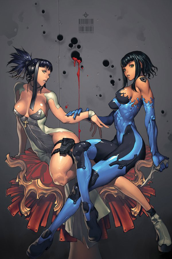 kim hyung tae, 2girls, barcode, black hair, blood, bodysuit, breasts, dress, knife, megacity 909, multiple girls, short hair, sideboob, skin tight, torn clothes