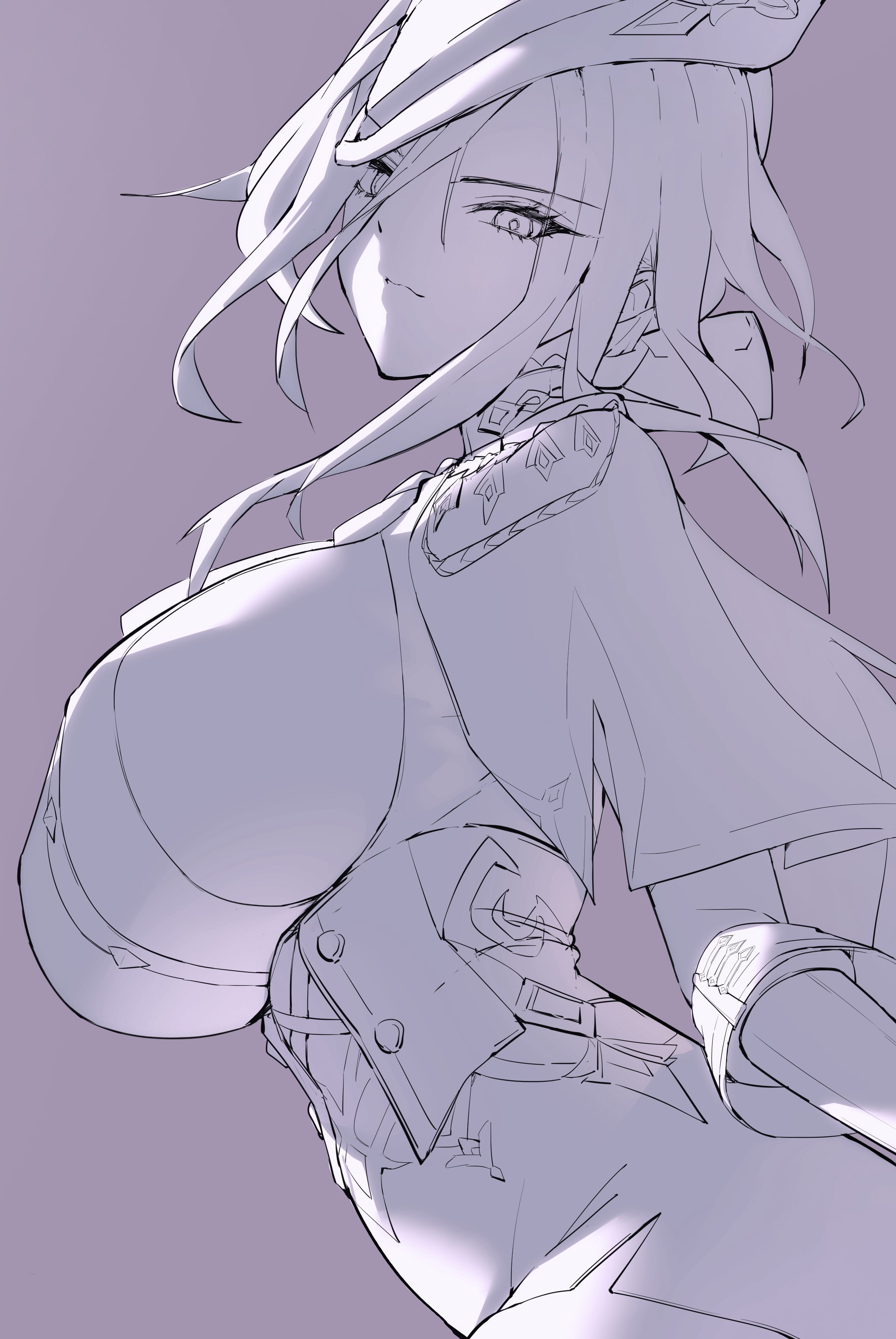 katagiri nanoka, clorinde (genshin impact), genshin impact, absurdres, highres, 1girl, breasts, cape, closed mouth, corset, epaulettes, fold-over gloves, framed breasts, hair between eyes, hat, large breasts, lineart, long hair between eyes, looking at viewer, monochrome, pencil skirt, shirt, simple background, skirt, solo, taut clothes, taut shirt, tricorne