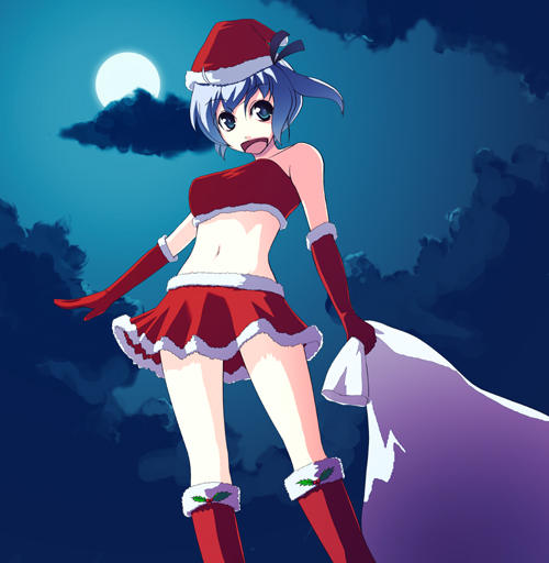 aobachi ichigou, original, 1girl, blue eyes, blue hair, christmas, cloud, female focus, full moon, hat, matching hair/eyes, midriff, moon, sack, santa costume, side ponytail, skirt, solo