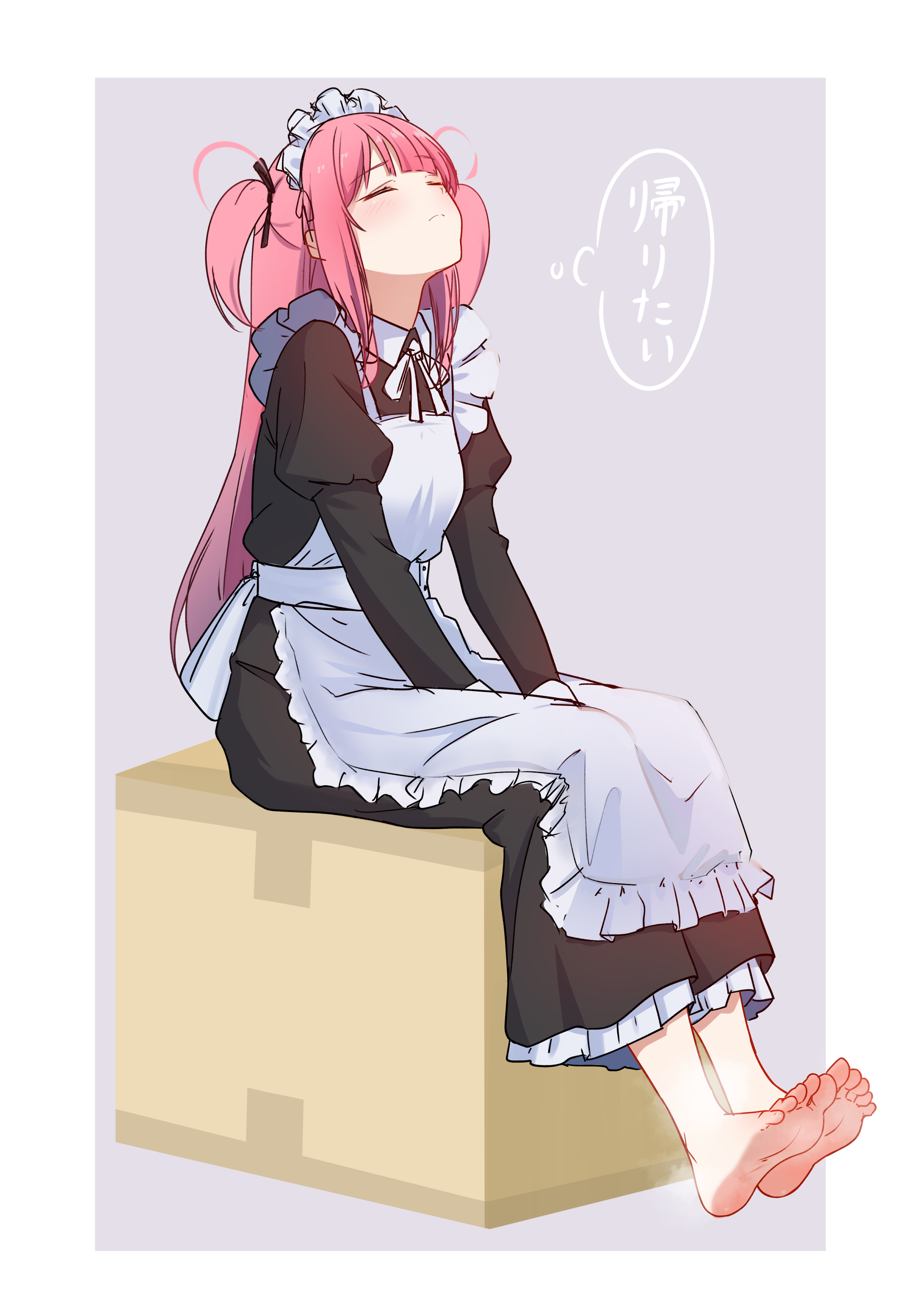 toxic pter, absurdres, highres, translated, 1girl, barefoot, box, cardboard box, closed eyes, feet, light blush, long hair, maid, pink hair, sitting, soles, steam, toes, twintails