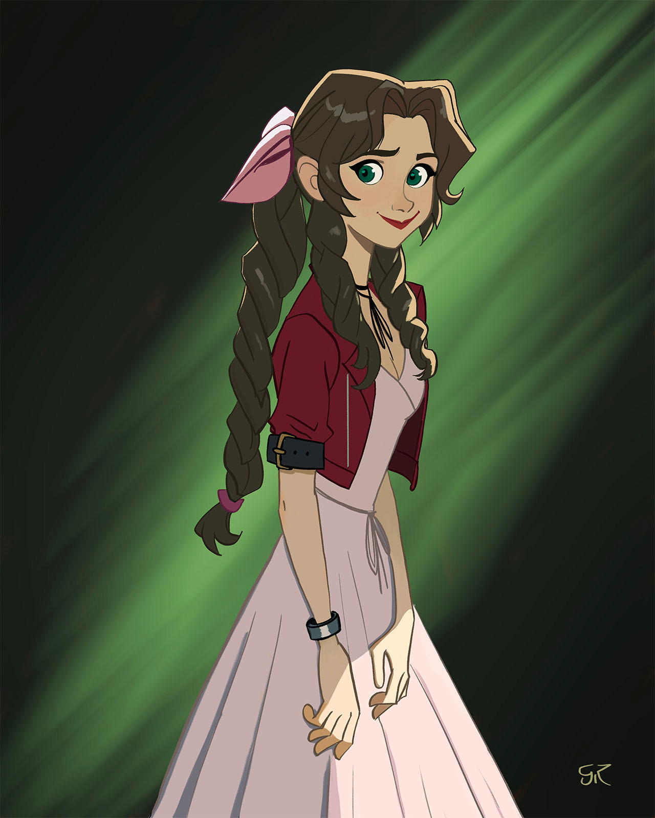 galmesh rosewood, aerith gainsborough, final fantasy, final fantasy vii, highres, making-of available, 1girl, artist name, bracelet, braid, braided ponytail, breasts, brown hair, dress, green background, green eyes, jacket, jewelry, long hair, looking at viewer, parted bangs, pink dress, red jacket, small breasts, smile, solo