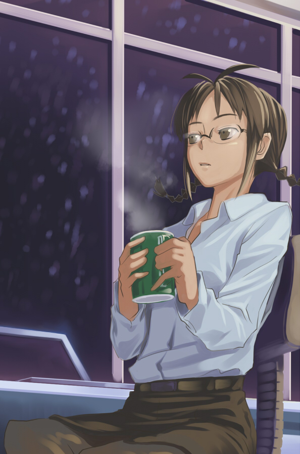 inu (aerodog), akizuki ritsuko, idolmaster, idolmaster (classic), idolmaster 1, 00s, 1girl, antenna hair, brown hair, chair, cup, female focus, glasses, indoors, short hair, sitting, snow, solo, steam, window