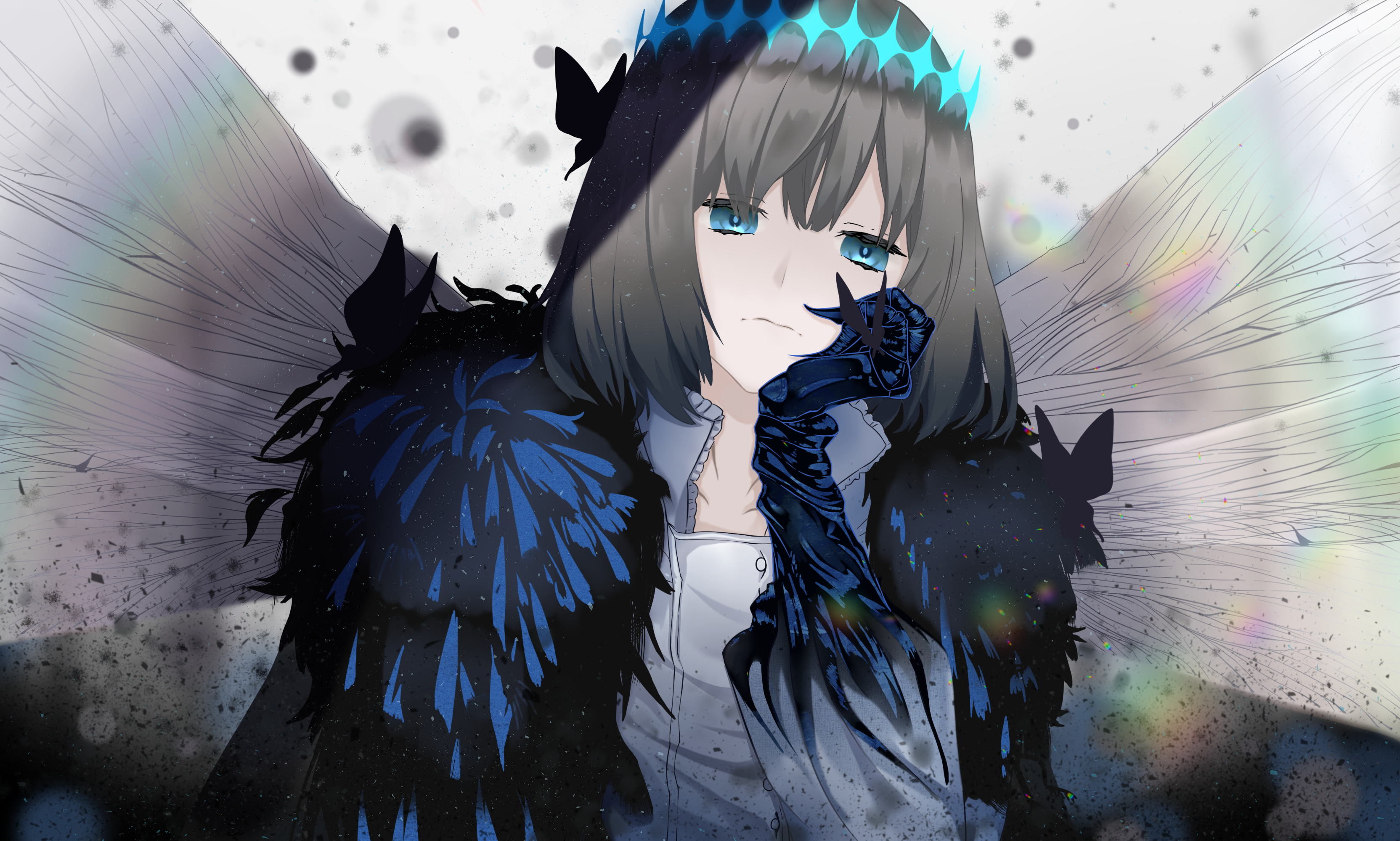 minako larima, oberon (fate), oberon (third ascension) (fate), fate/grand order, fate (series), absurdres, highres, 1boy, blue eyes, blue gloves, bug, butterfly, closed mouth, crown, gloves, grey hair, insect, medium hair, solo