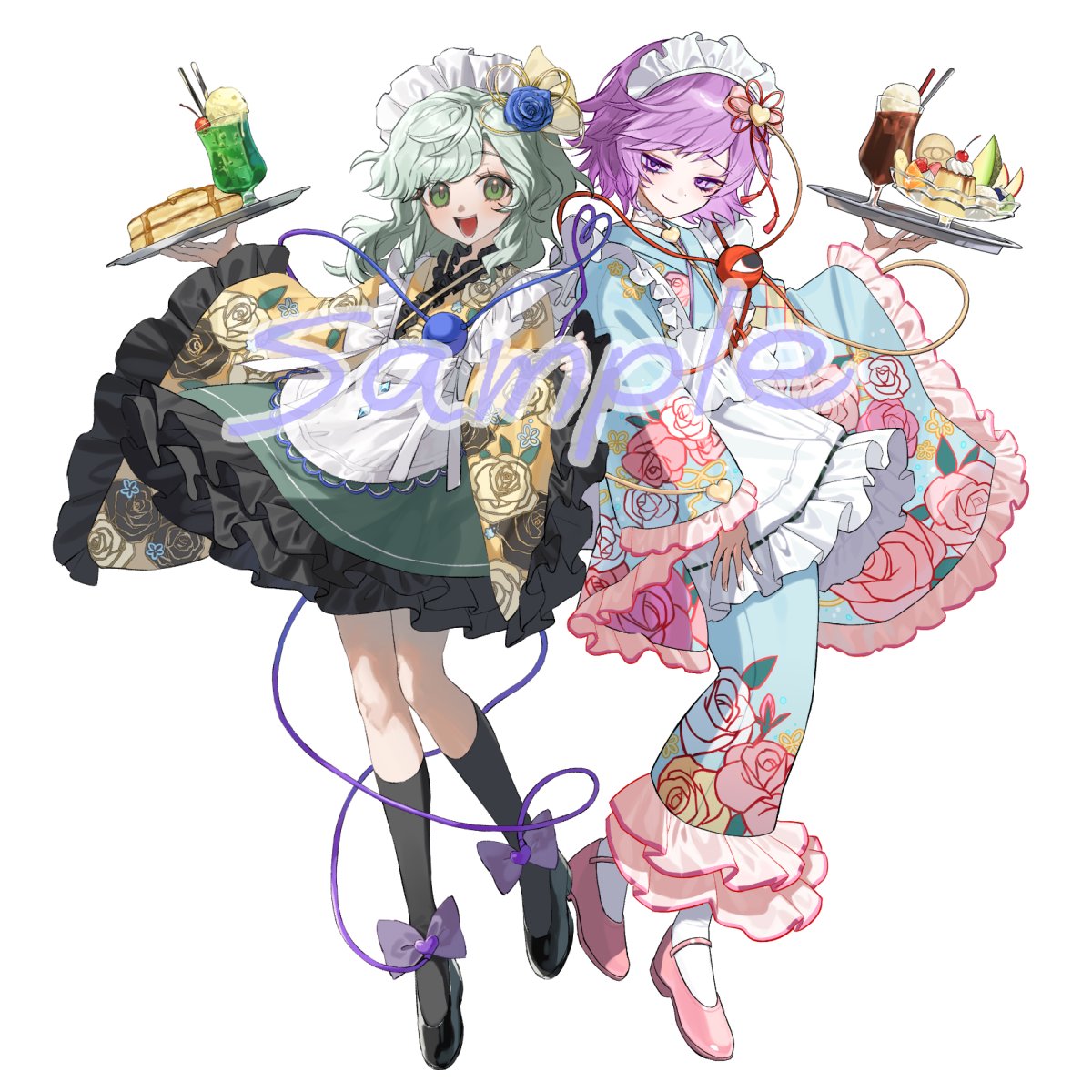 carbonara hontyotyo, komeiji koishi, komeiji satori, touhou, highres, 2girls, apron, blue flower, blue kimono, blue rose, blue shirt, bow, buttons, cake, diamond button, drink, eyeball, floral print, flower, food, frilled shirt collar, frilled sleeves, frills, fruit, full body, green hair, green skirt, hair flower, hair ornament, hairband, hairpin, hat, hat bow, hat ribbon, heart, heart of string, japanese clothes, kimono, looking at viewer, maid apron, maid headdress, multiple girls, pancake, pink eyes, pink hair, ribbon, rose, rose print, sample watermark, shirt, siblings, sisters, skirt, smile, third eye, tray, watermark, yellow bow, yellow ribbon, yellow shirt