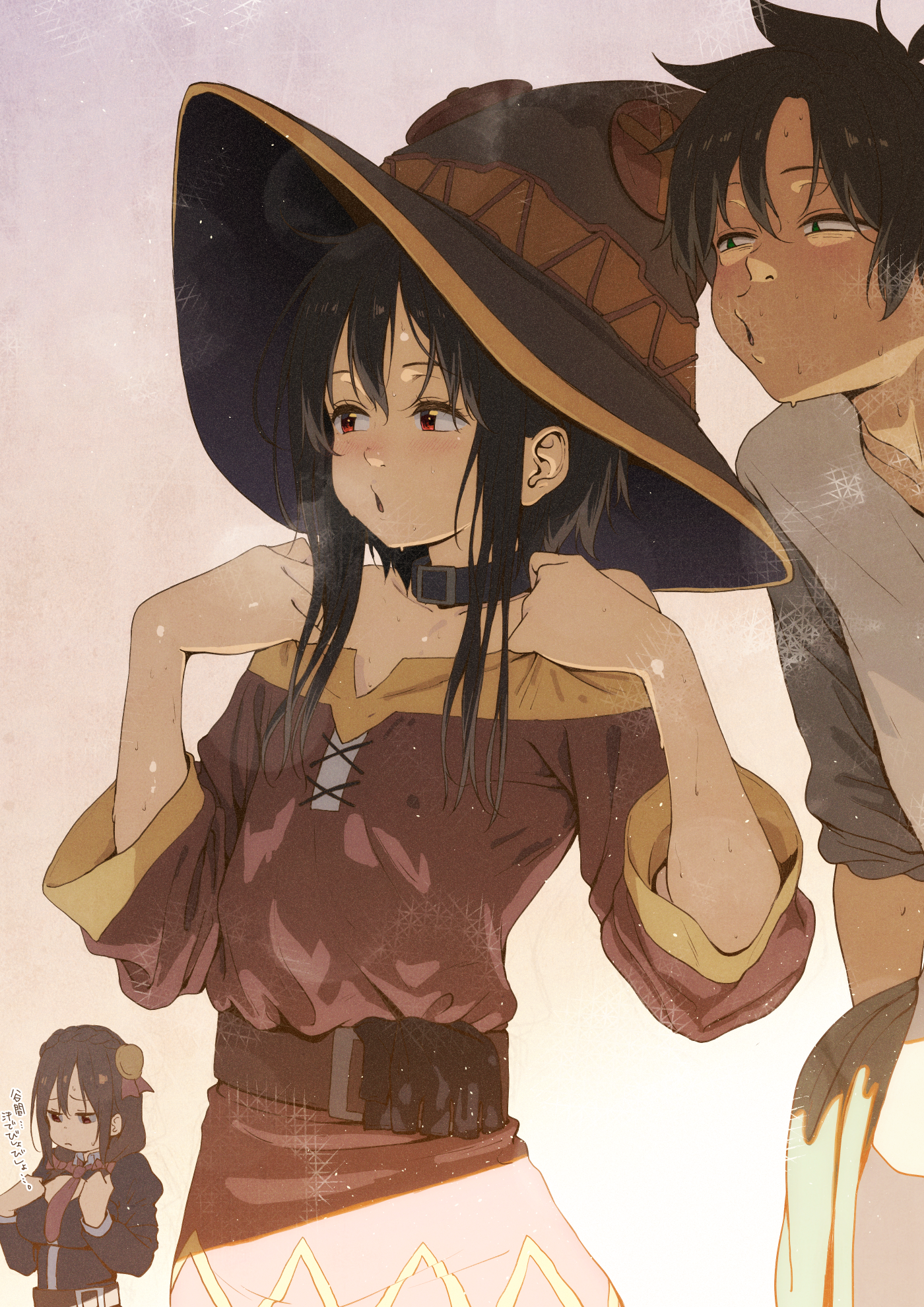 izawa (bhive003), megumin, satou kazuma, yunyun (konosuba), kono subarashii sekai ni shukufuku wo!, highres, 1boy, 2girls, bare shoulders, belt, black choker, black hat, brown belt, brown hair, choker, dress, hands up, hat, long hair, multiple girls, red dress, red eyes, short hair, simple background, white background, witch hat