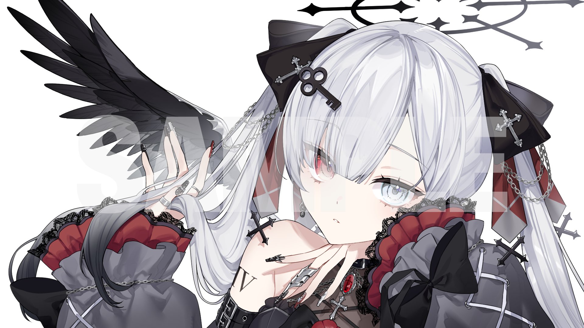 comori, commentary request, highres, 1girl, bare shoulders, black halo, black ribbon, black shirt, black sleeves, black wings, blunt bangs, chain, detached sleeves, grey eyes, hair ribbon, halo, heterochromia, key hair ornament, lace-trimmed sleeves, lace trim, long hair, long sleeves, looking at viewer, nynchord production, parted bangs, parted lips, portrait, red eyes, ribbon, sample watermark, shirt, simple background, sleeveless, sleeveless shirt, solo, two side up, vier (nynchord), virtual youtuber, watermark, white background, white hair, wide sleeves, wings