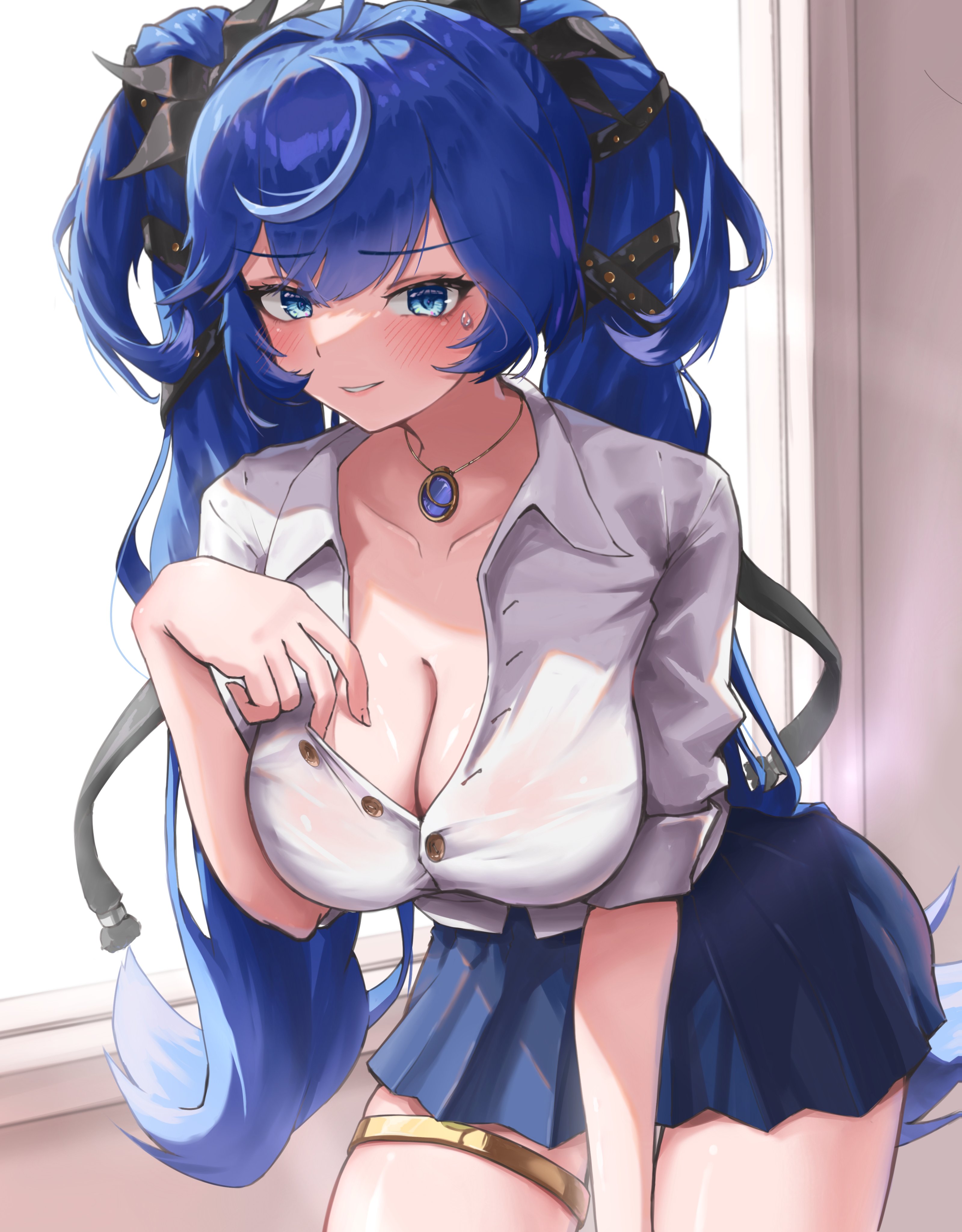 iuno (wuthering waves), wuthering waves, absurdres, commentary, hashtag-only commentary, highres, 1girl, alternate costume, blue eyes, blue hair, blue sky, breasts, cleavage, collarbone, hodissi, indoors, jewelry, large breasts, long hair, looking at viewer, multicolored hair, necklace, parted lips, partially unbuttoned, shirt, sky, smile, solo, streaked hair, thighlet, thighs, twintails, white shirt, window