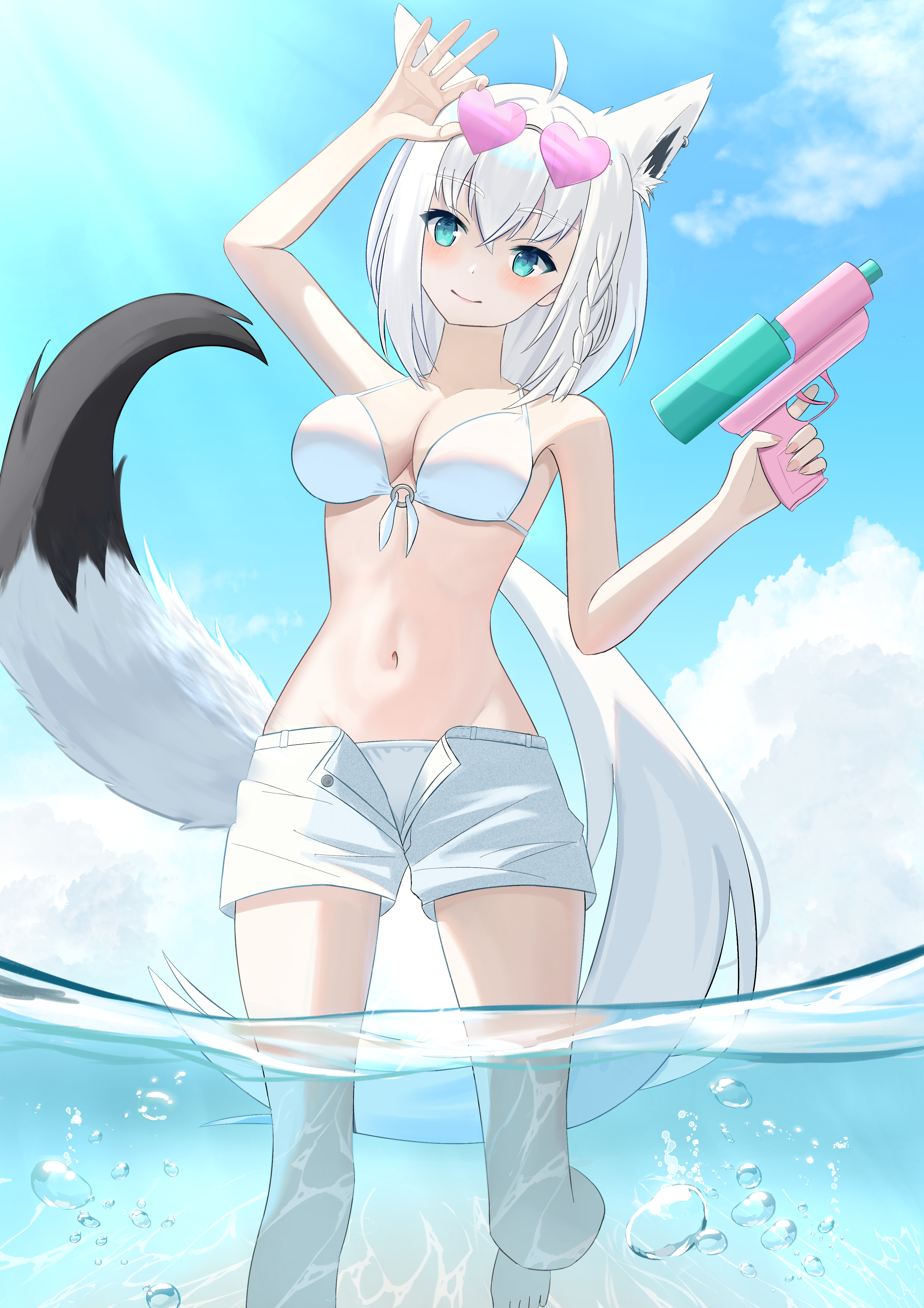 isso jp, shirakami fubuki, hololive, absurdres, highres, 1girl, ahoge, alternate costume, animal ear fluff, animal ear piercing, animal ears, aqua eyes, arm up, bikini, bikini under clothes, bikini under shorts, blush, braid, closed mouth, eyewear on head, fox ears, fox girl, fox tail, gun, heart, heart-shaped eyewear, holding, holding water gun, long hair, navel, o-ring, o-ring bikini, pink nails, shorts, smile, solo, stomach, sunglasses, swimsuit, tail, very long hair, virtual youtuber, water, water gun, weapon, wet, white bikini, white hair, white shorts